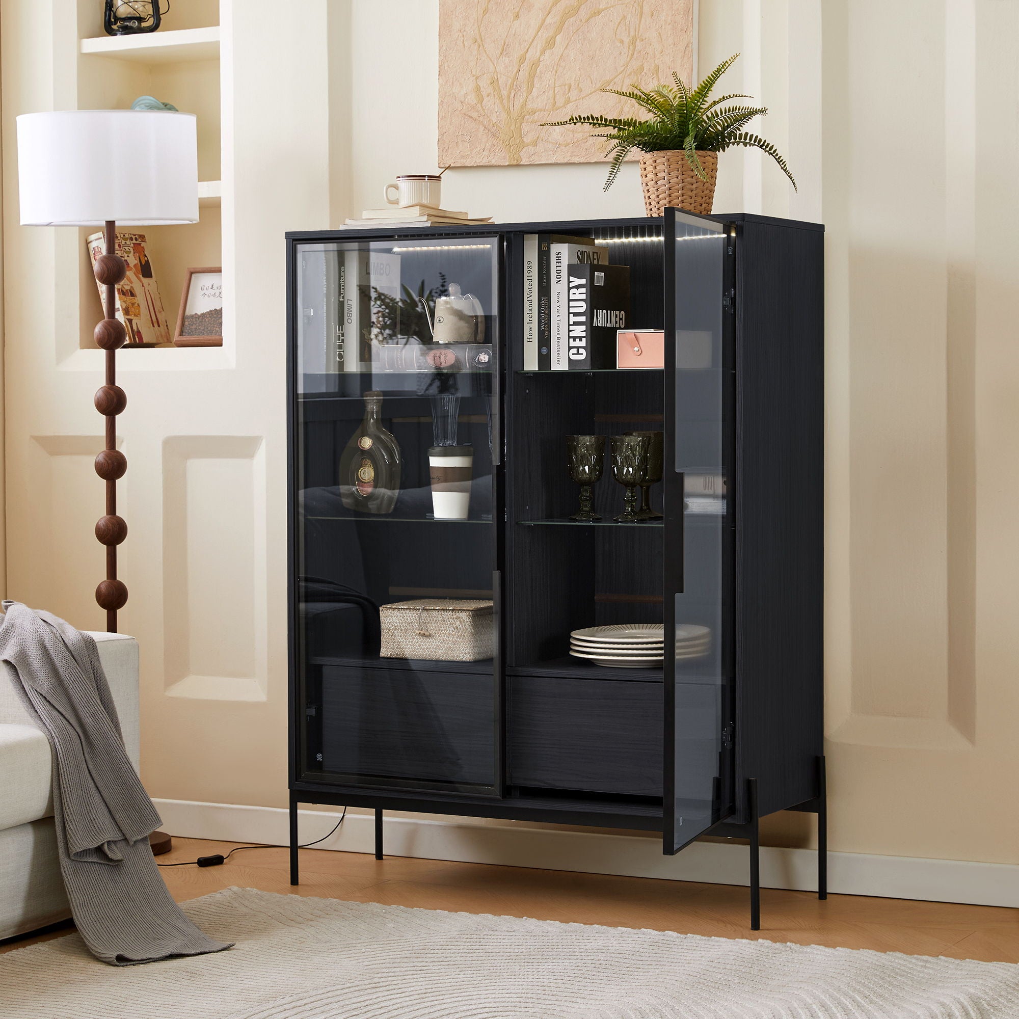 Modern Minimalist Style LED Curio Cabinet With Tempered Glass Door, Metal Legs