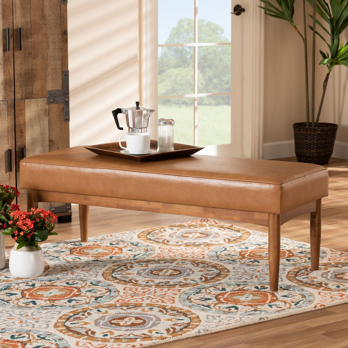 Arvid Mid-Century Modern Tan Faux Leather Upholstered and Walnut Brown Finished Wood Dining Bench