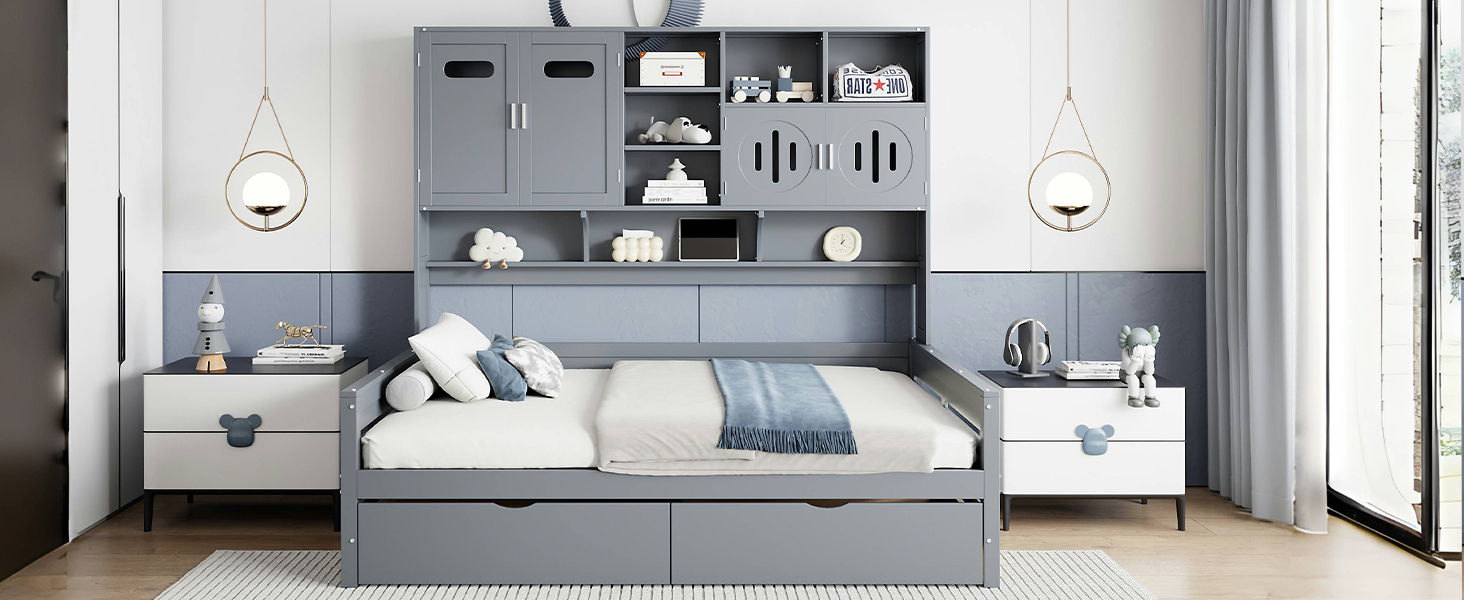 Daybed With All-In-One Cabinet And Shelf