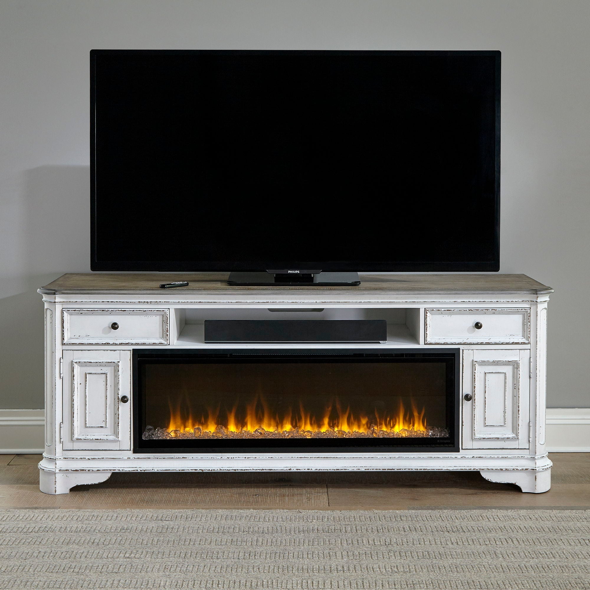 Liberty Furniture Magnolia Manor - 82" Console With Fire - White | Meri Furniture