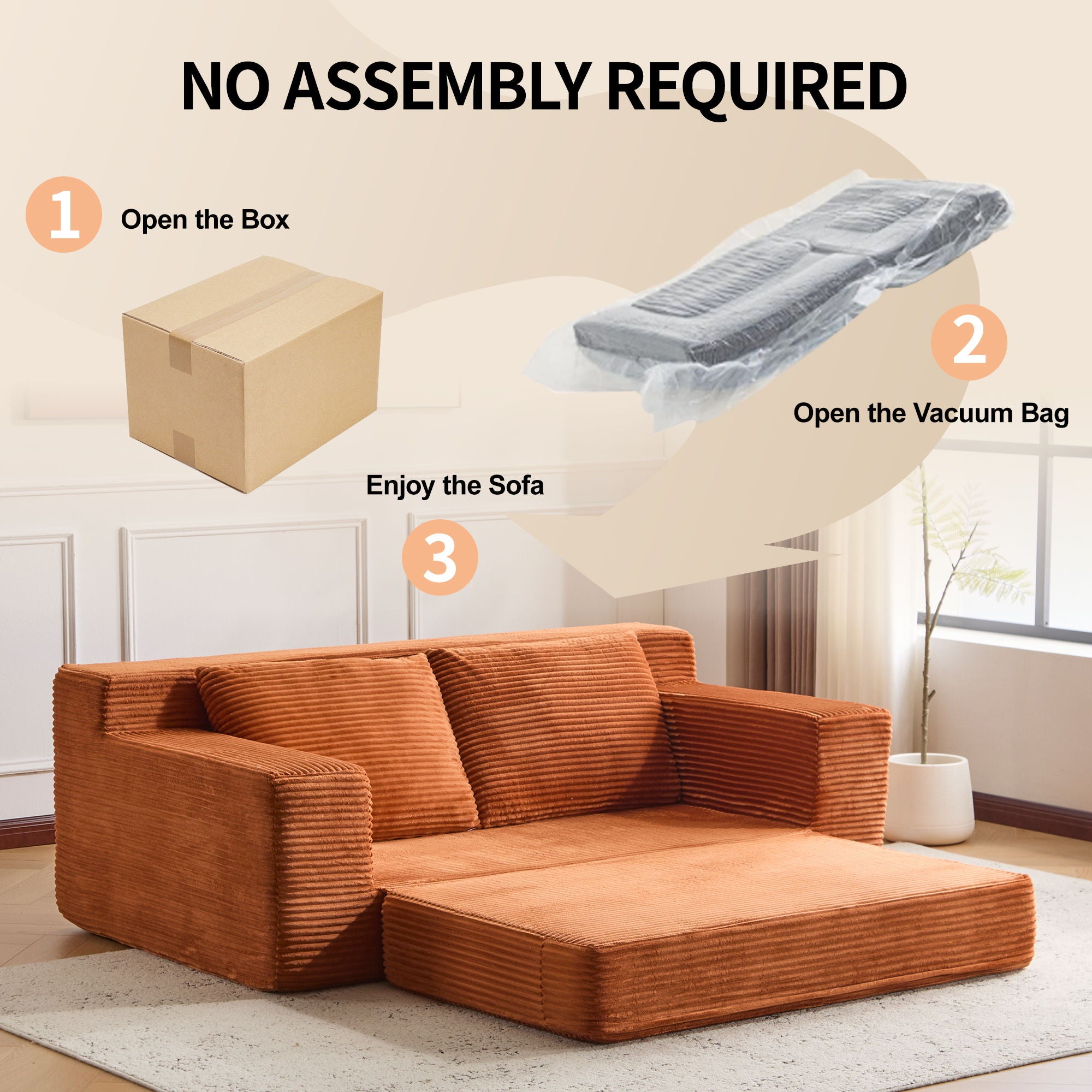 Loveseat Sofa, Comfortable Deep Seat Sofa Bed, Modern Small Corduroy Couch For Living Room Bedroom,Reversible Cushion With Pillows,No Assembly Required,Orange