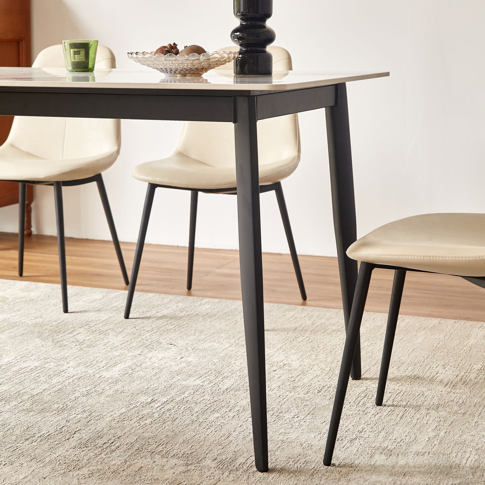 Mid Century Modern Dining Table Round White Sintered Stone Top Heavy Duty Metal Legs Waterproof Surface For Kitchen Dining Room Or Office Furniture - White / Black