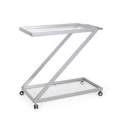 Modern Z Shaped Bar Cart With Tempered Glass Shelves - Silver