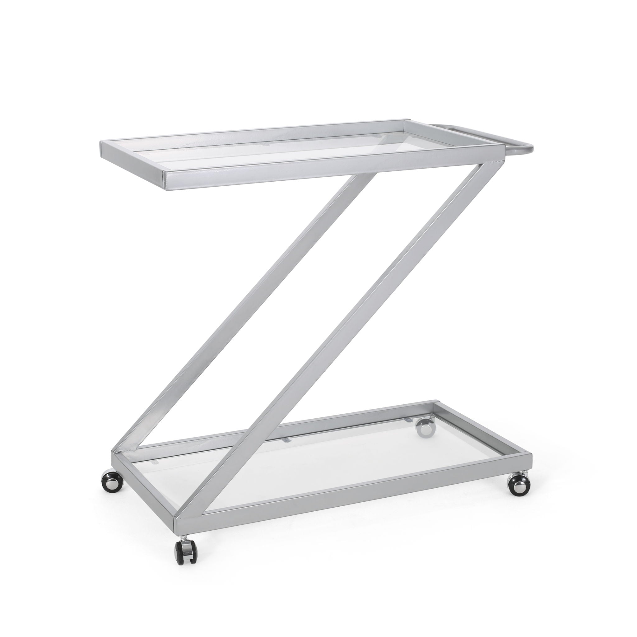 Modern Z Shaped Bar Cart With Tempered Glass Shelves - Silver