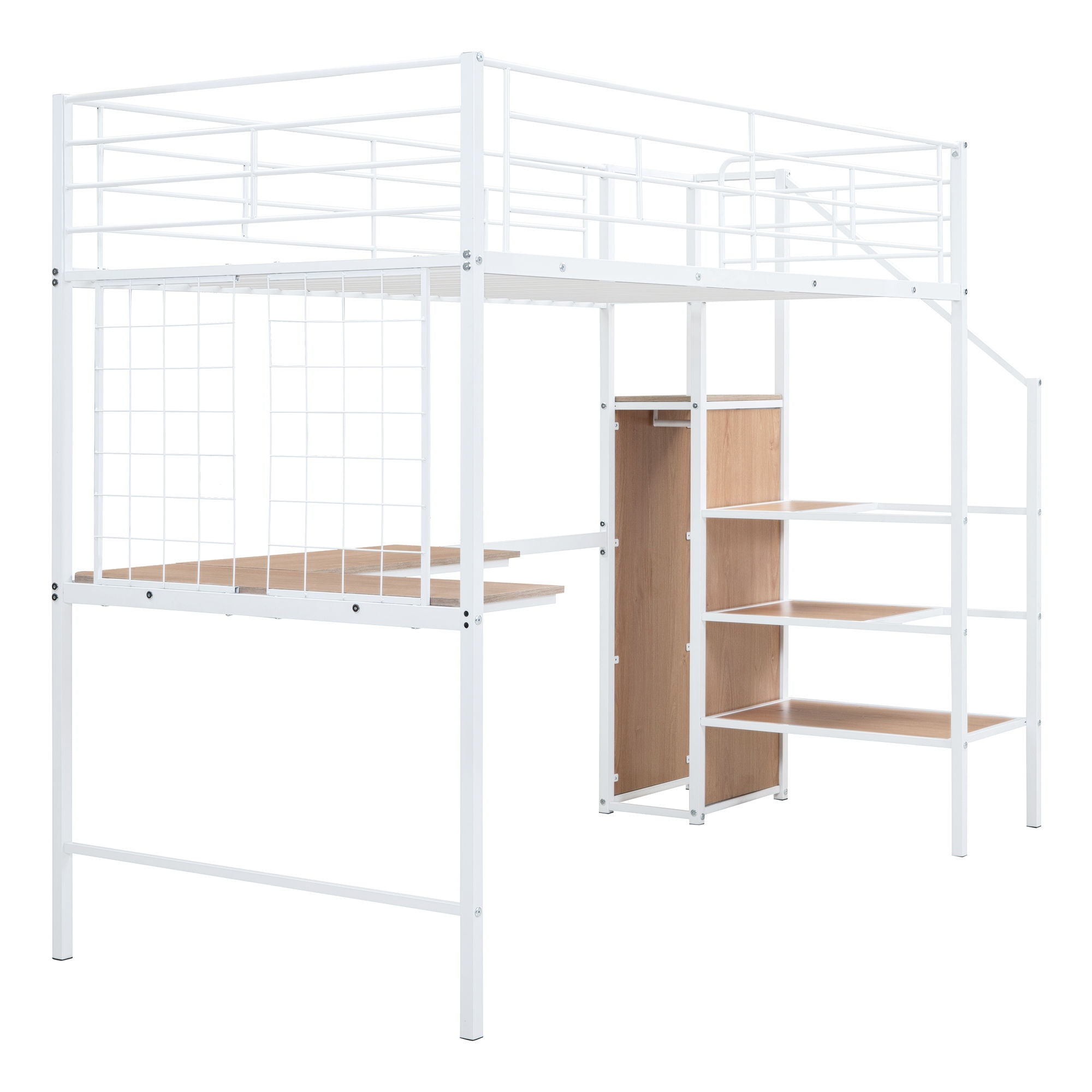 Loft Bed With Desk And Grid, Stylish Frame With Lateral Storage Ladder And Wardrobe