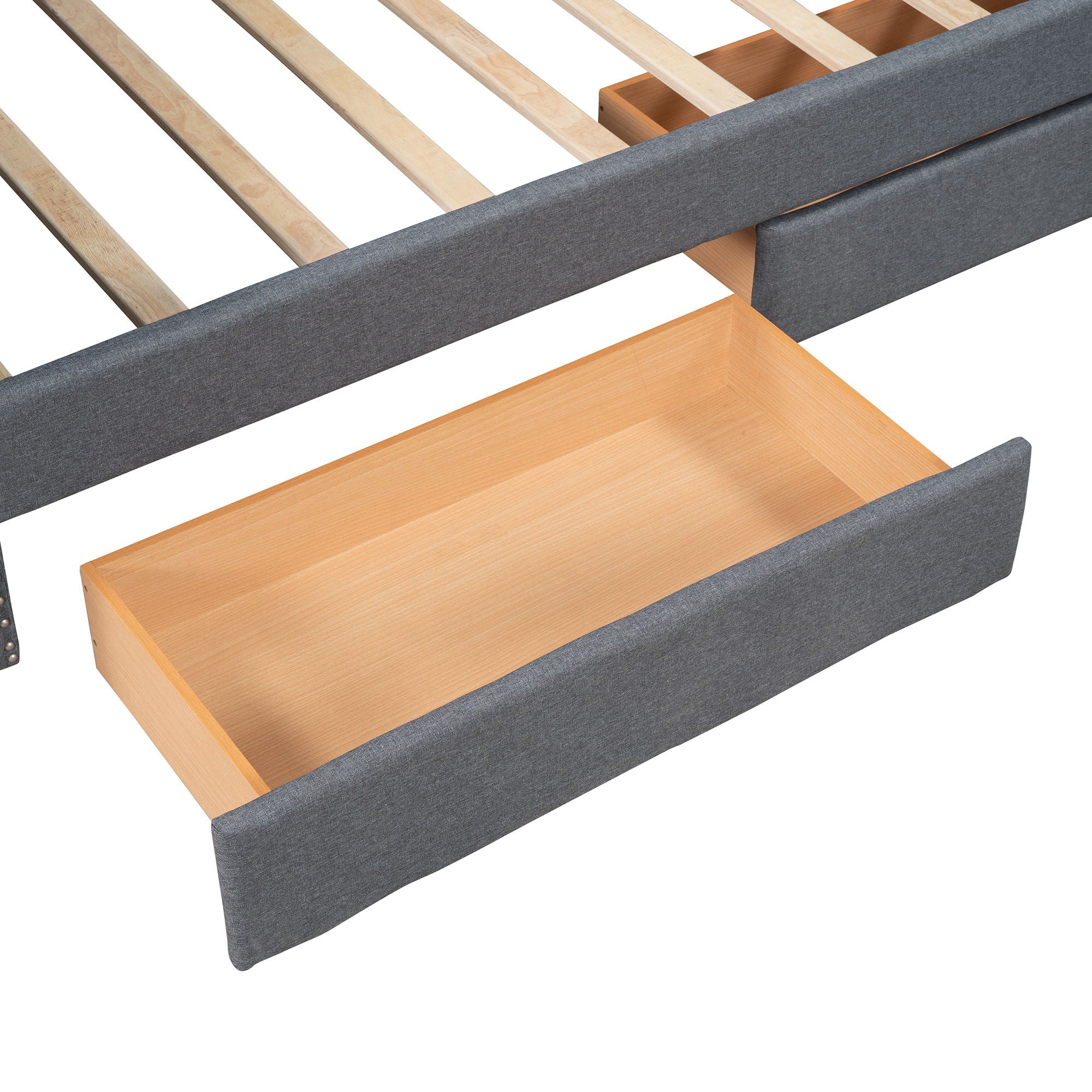 Twin Size Upholstered Daybed With Two Drawers, Slat Support - Gray