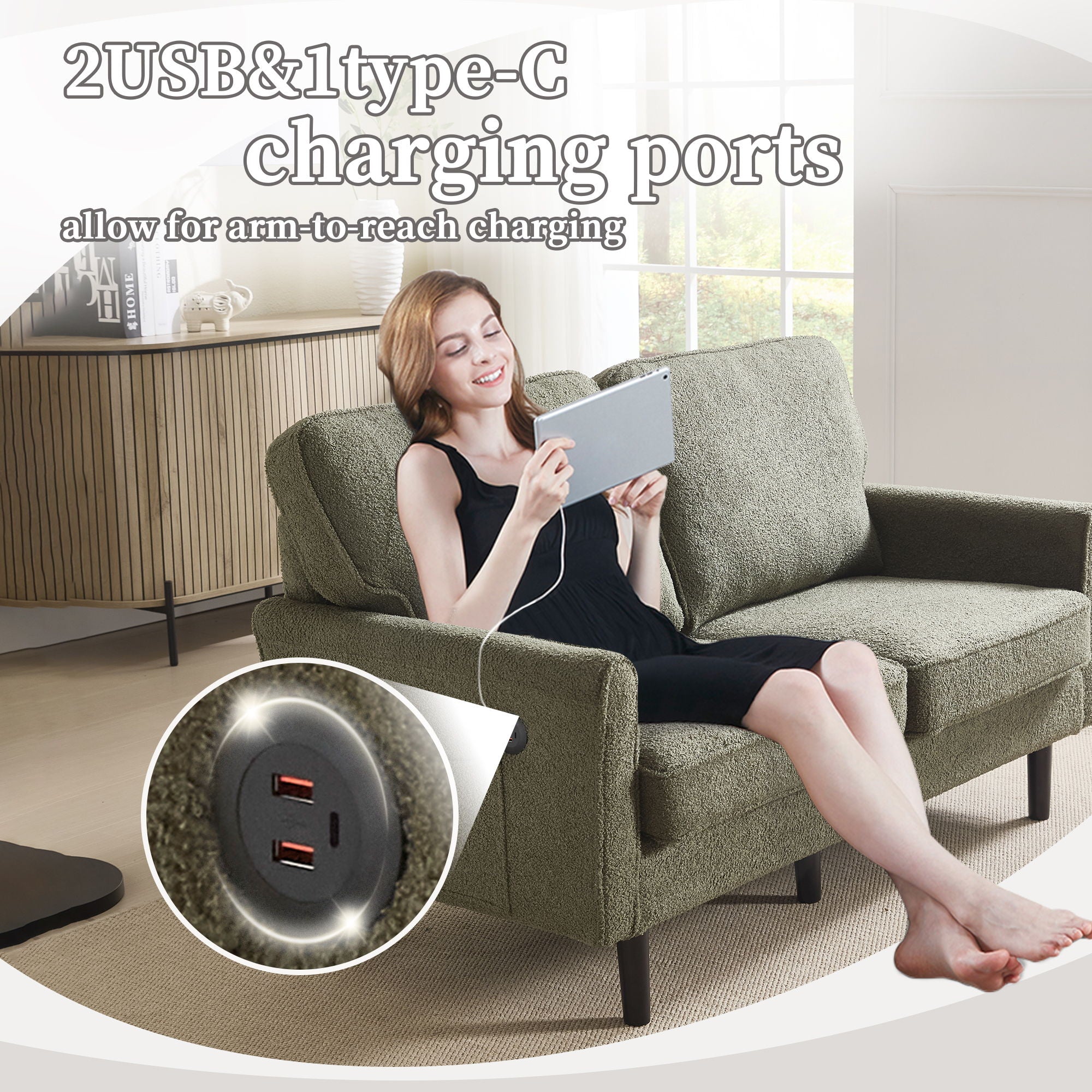 Mid Century Modern Loveseat Sofa With USB Ports, Removable Pillow Cover