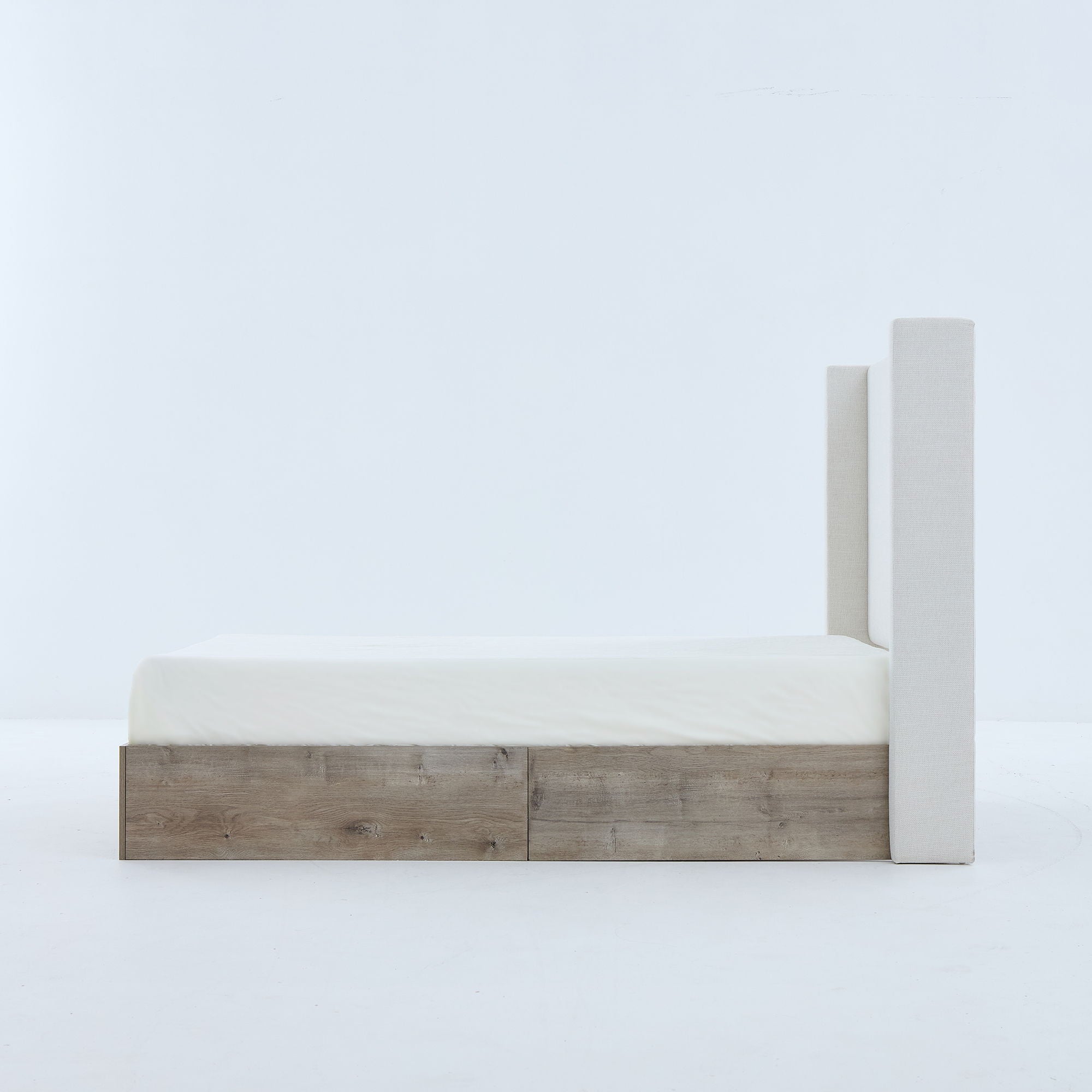 Shelton - Queen Upholstered Wingback Bed With 54" High Headboard - Ivory / Light Gray / Camel Oak