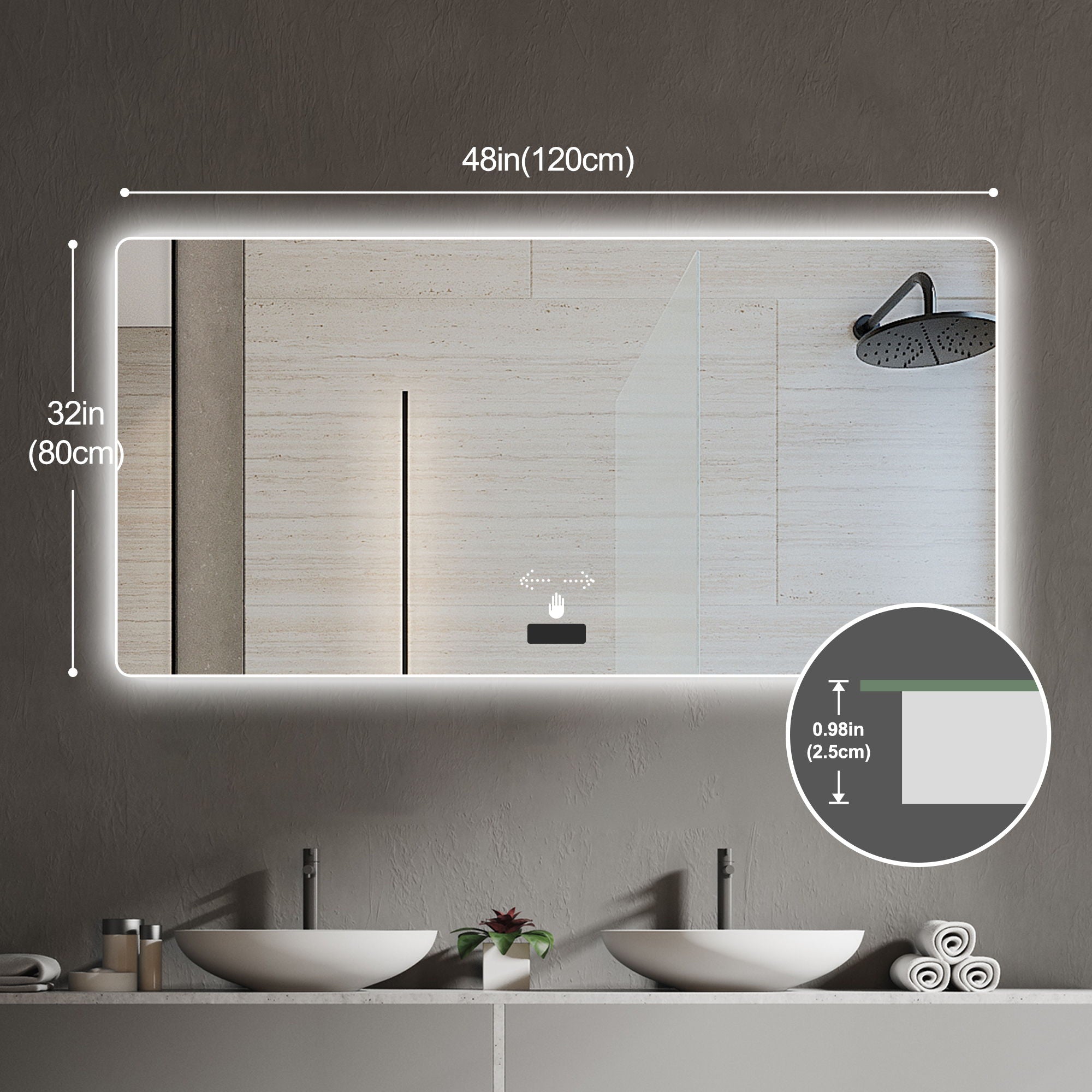 Frameless Bathroom Mirror With Light, LED Backlit, Tri Color Dimming, Anti Fog, Smart Sensor - Silver