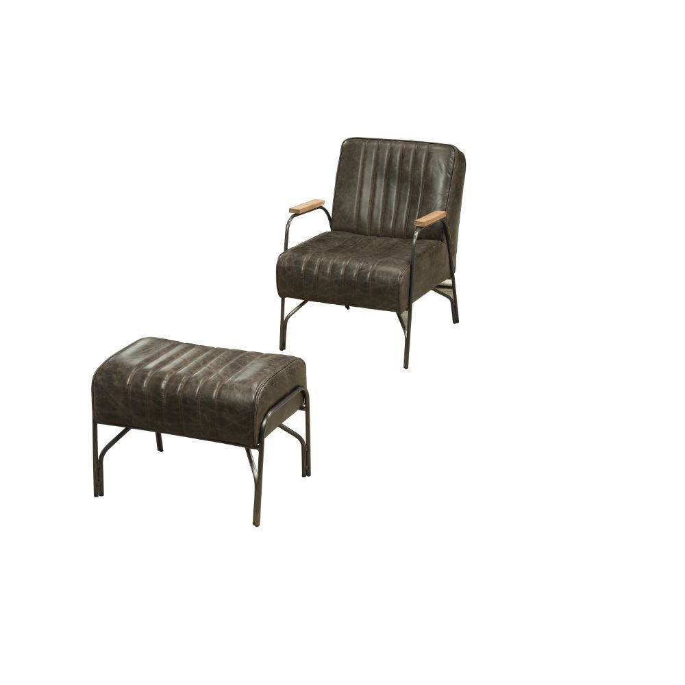 ACME The Sarahi accent chair with ottoman sets you up for a relaxing evening. Constructed with full foam cushions upholstered in top grain leather, the Sarahi is supported by airy metal curved armrests and legs. | Meri Furniture