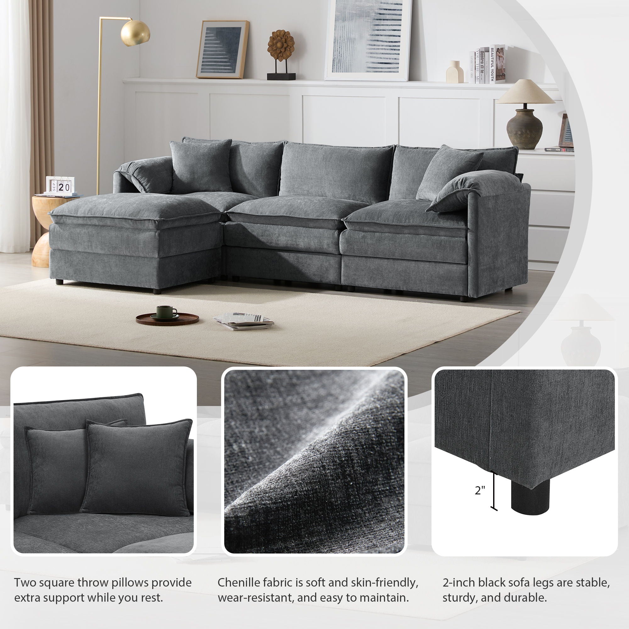 Modular Sectional With Deep And Wide Seat, Cloud Couch Set With Double Cushions Sofa With Movable Ottoman