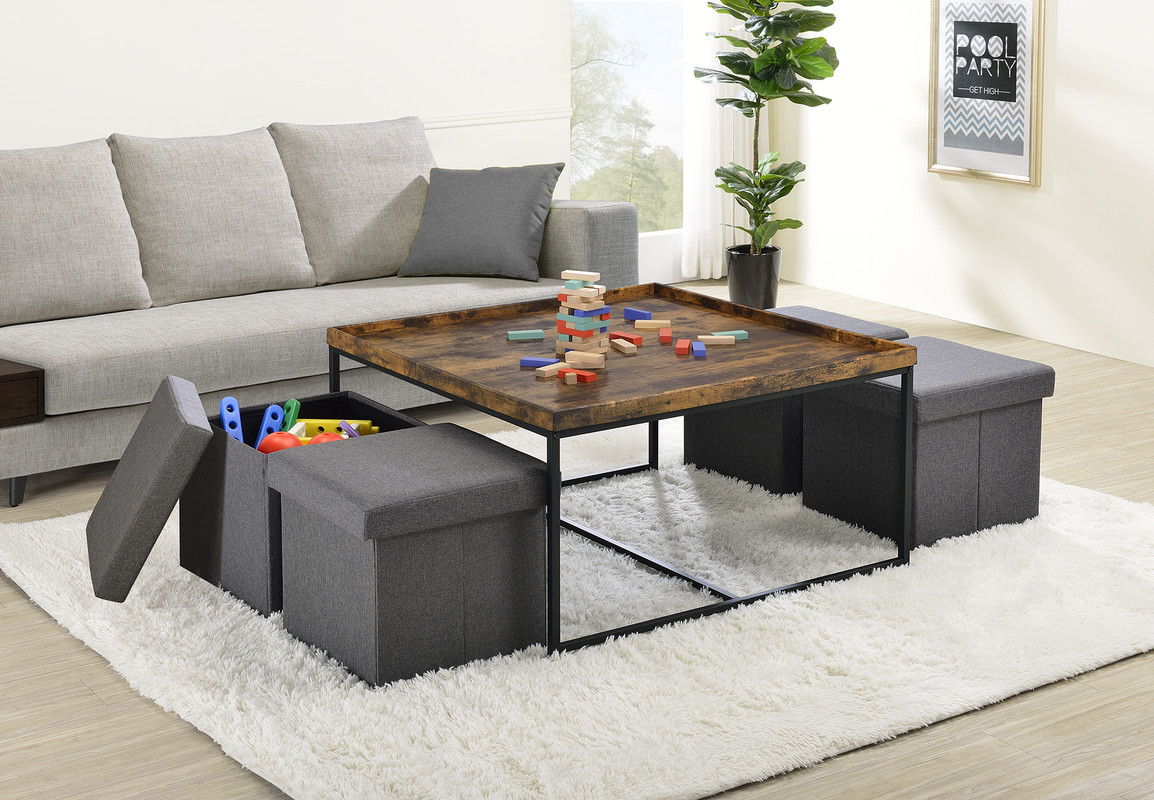 Vinny 35"W Weathered Oak Wood Grain 5 Piece Coffee Table Set with Raised Edges