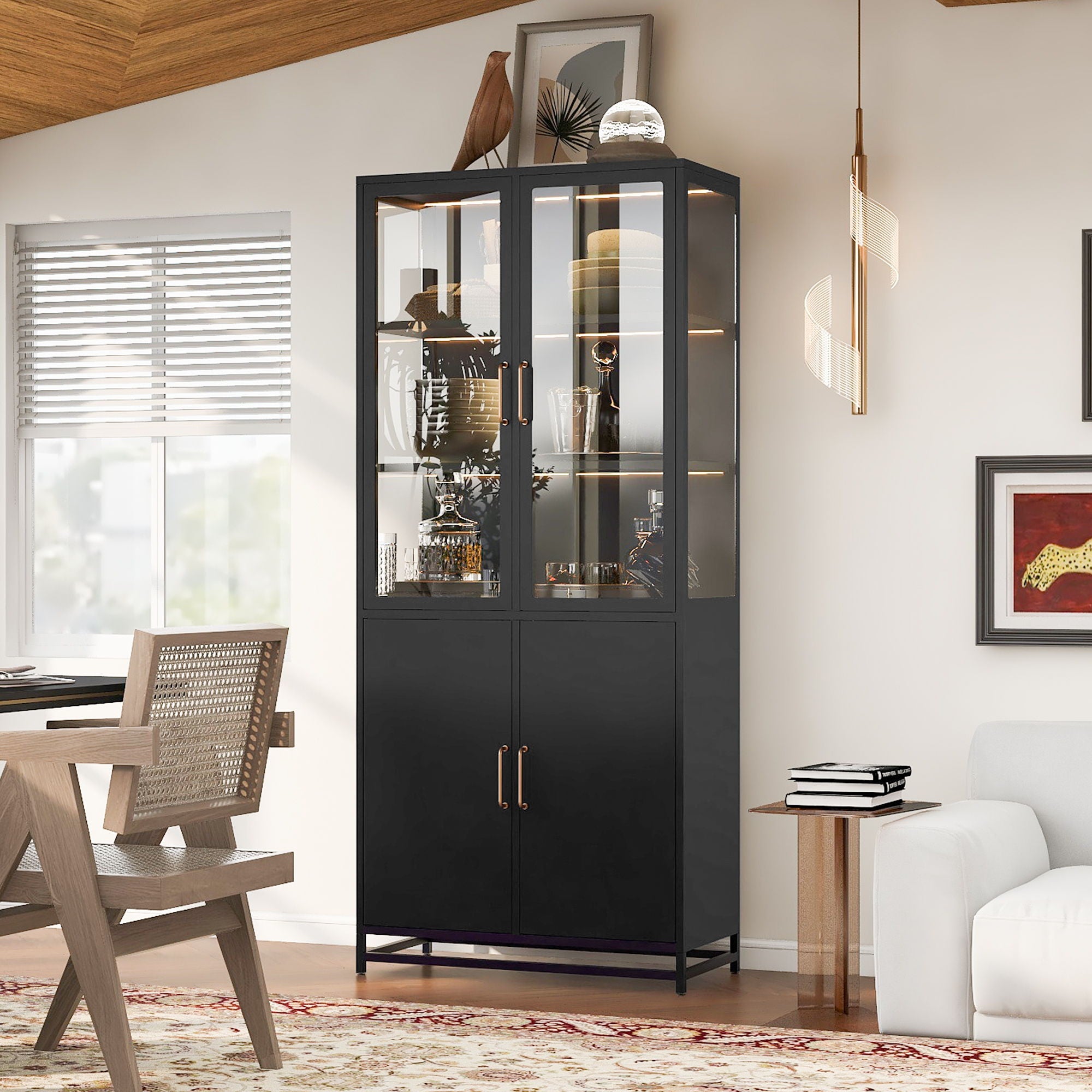 Modern Style Tall Steel Display Cabinet With Double Glass Doors, LED Lights