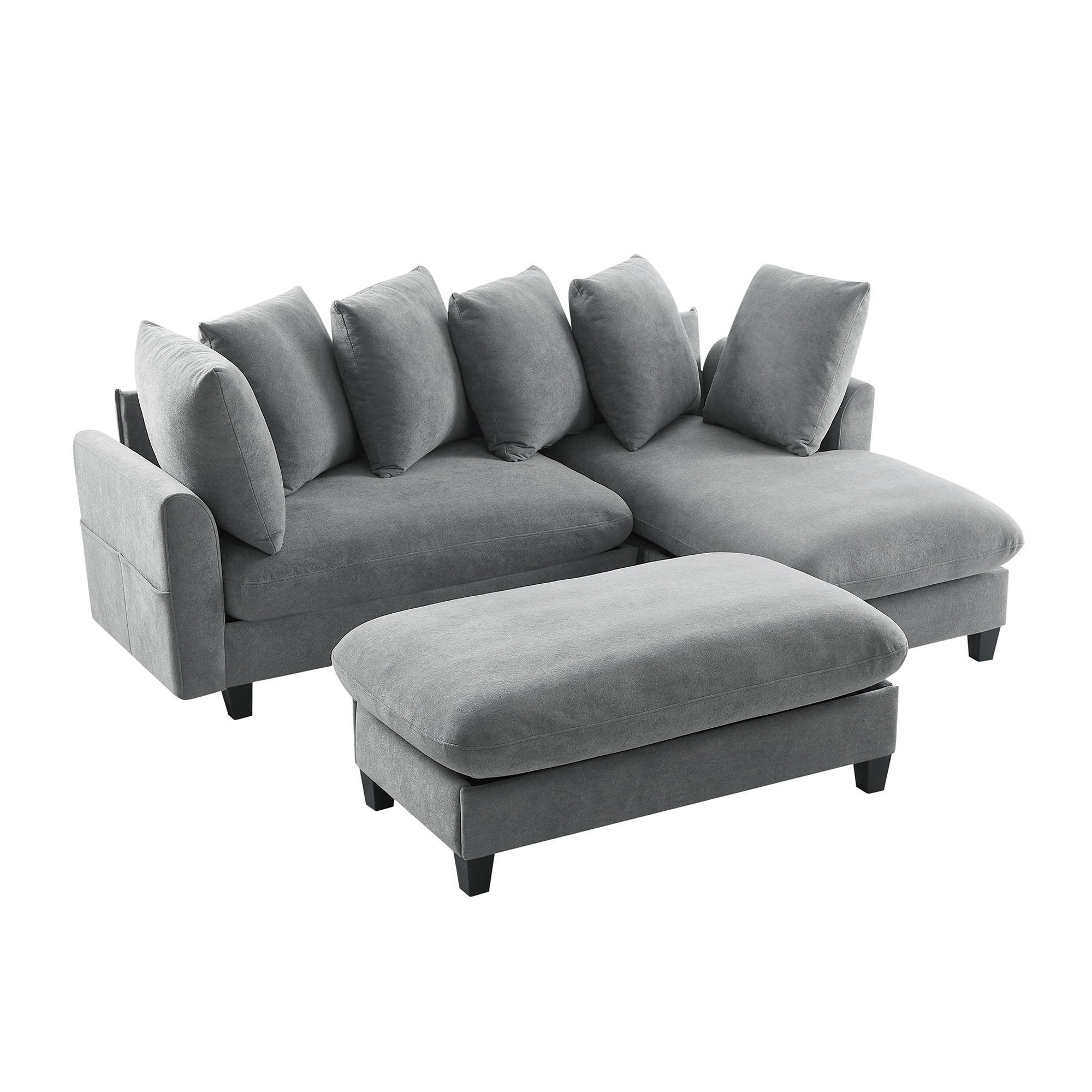 Upholstered L Shaped Sectional Sofa With Storage, Movable Ottoman, And 6 Throw Pillows
