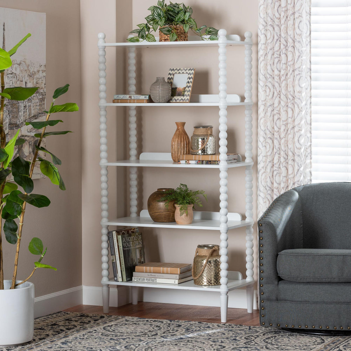 Lucera Bobbin Display Shelf - 5-Tier Open Frame Vertical Bookcase with Spindle Posts for Living Room or Office, White