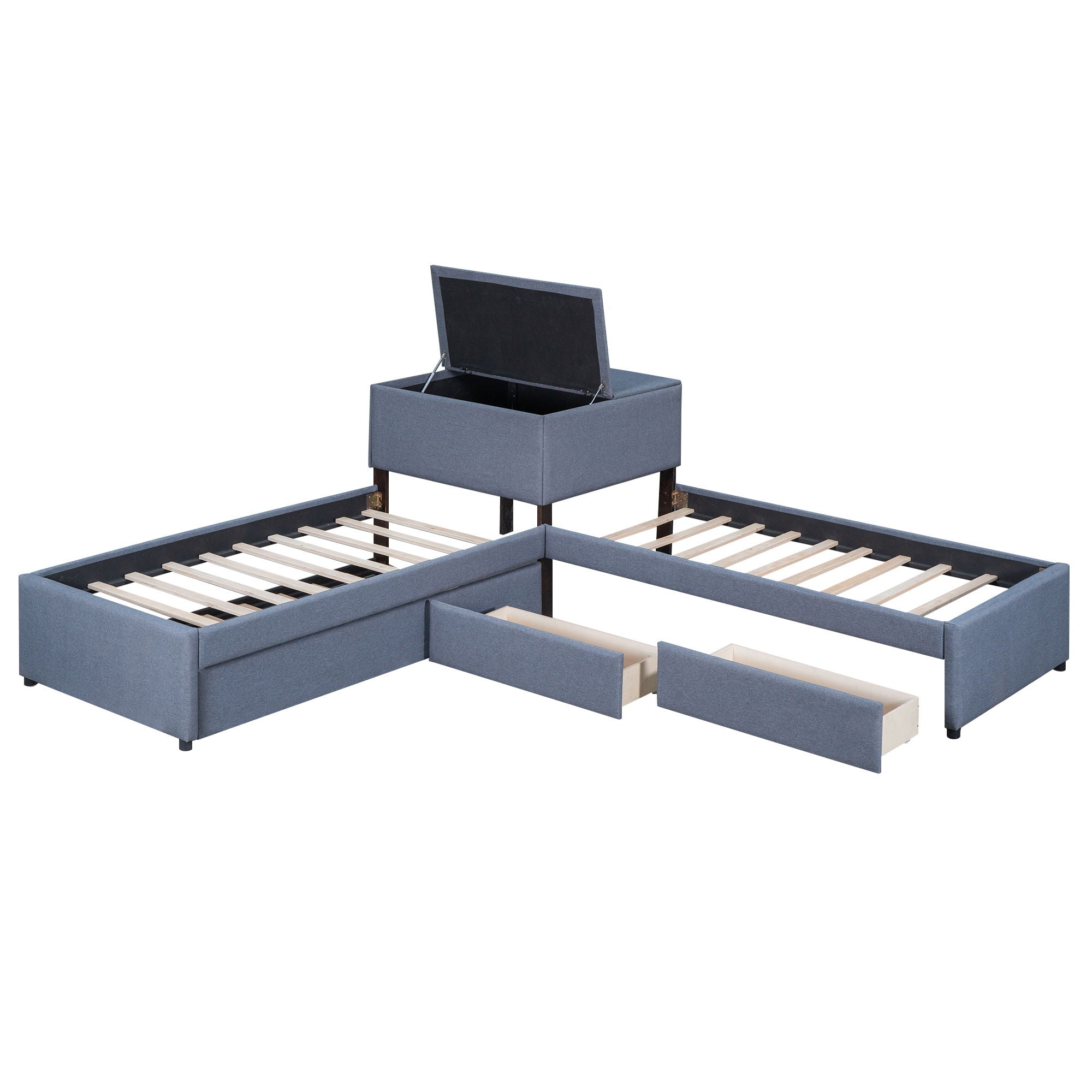 L Shaped Upholstered Platform Bed With Trundle And 2 Drawers Linked With Built In Desk