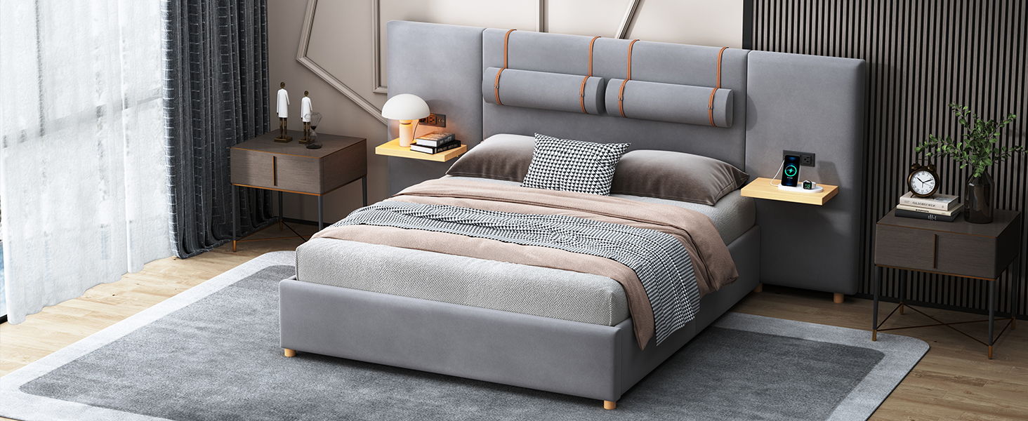 Upholstered Platform Bed, 2 Outlets And USB Charging Ports On Both Sides, 2 Bedside Pillows, Storage Shelves