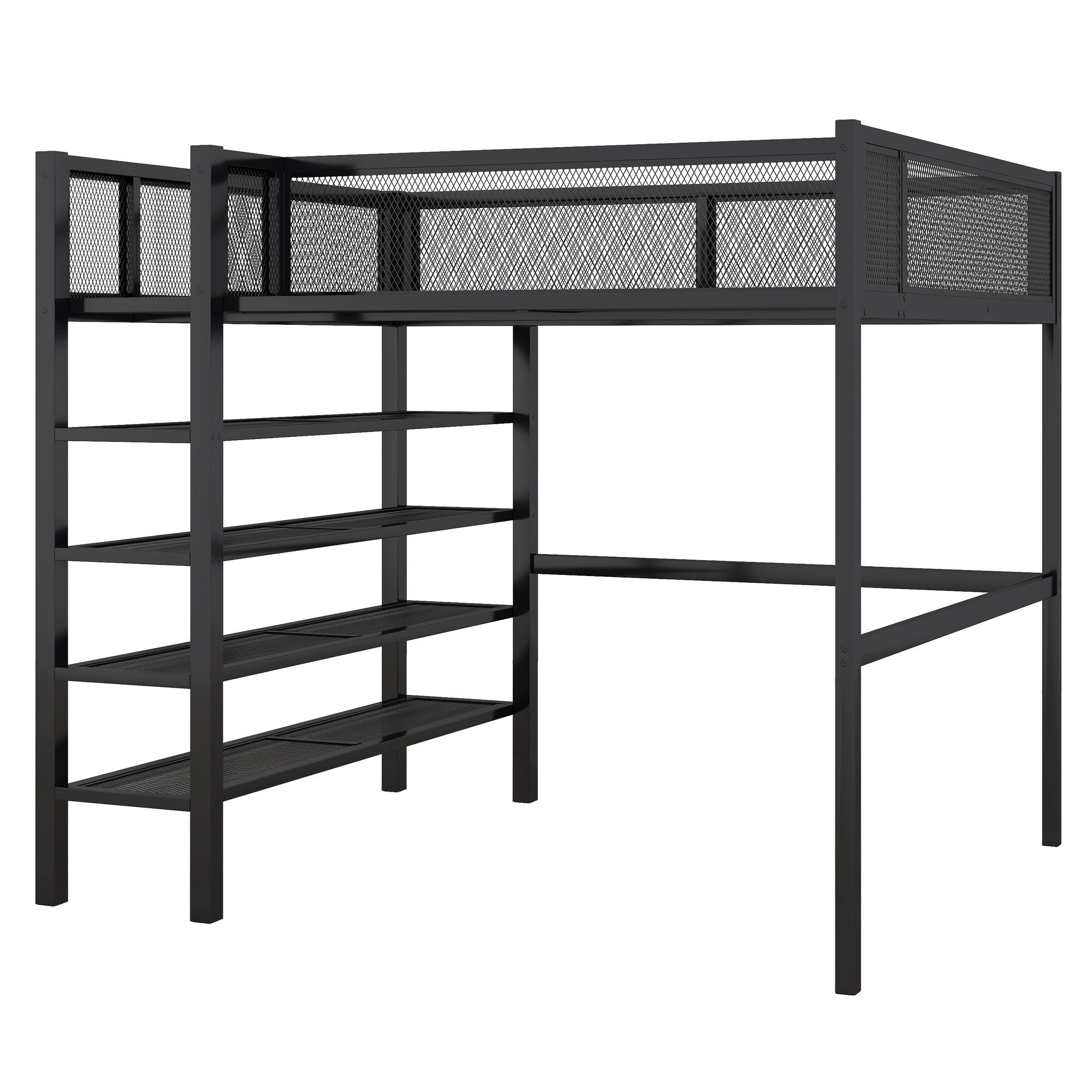 Loft Bed With 4 Tier Shelves And Storage