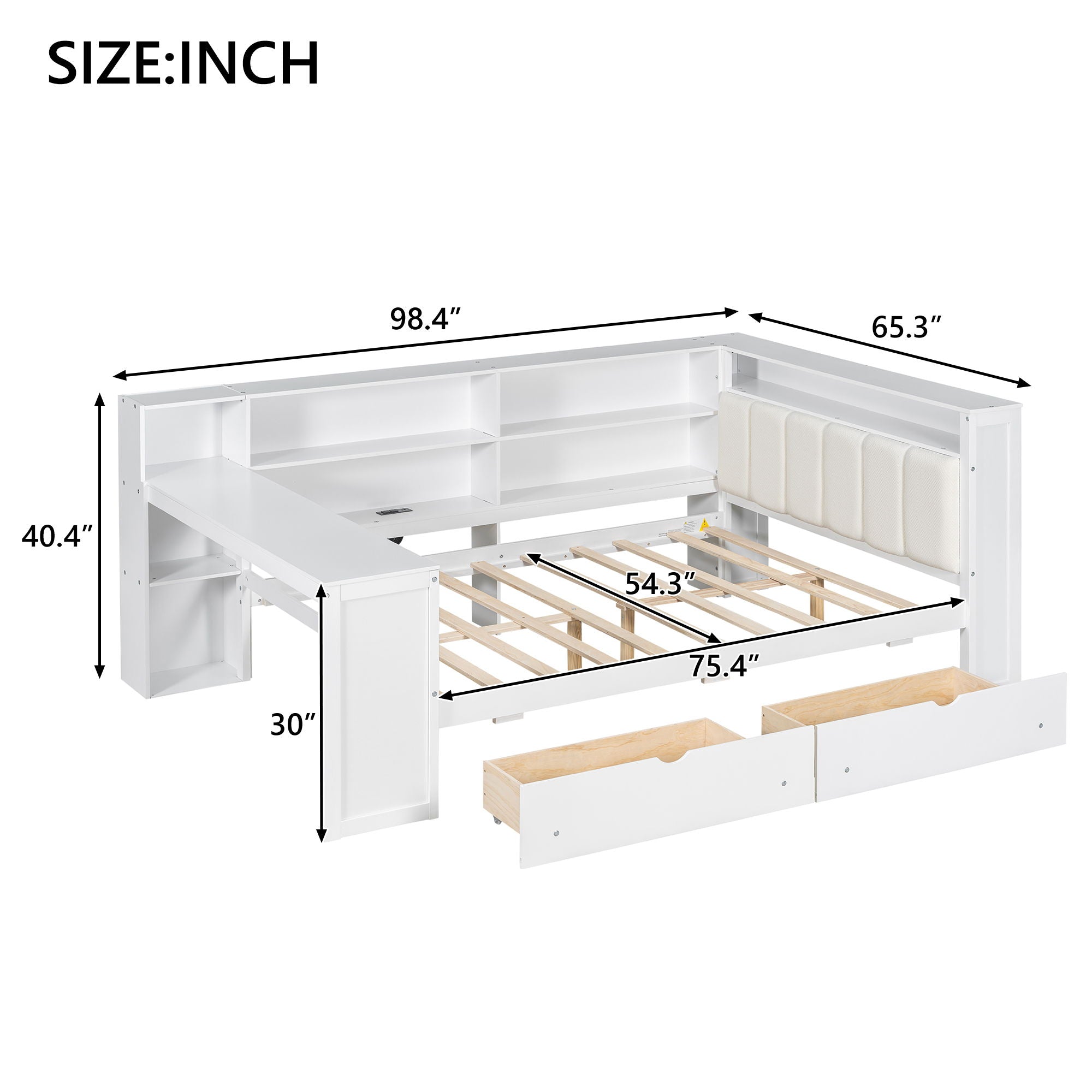 Platform Bed With Upholstered Headboard, Storage Shelves, Drawers, Charging Station, LED Lighting, Built In Desk