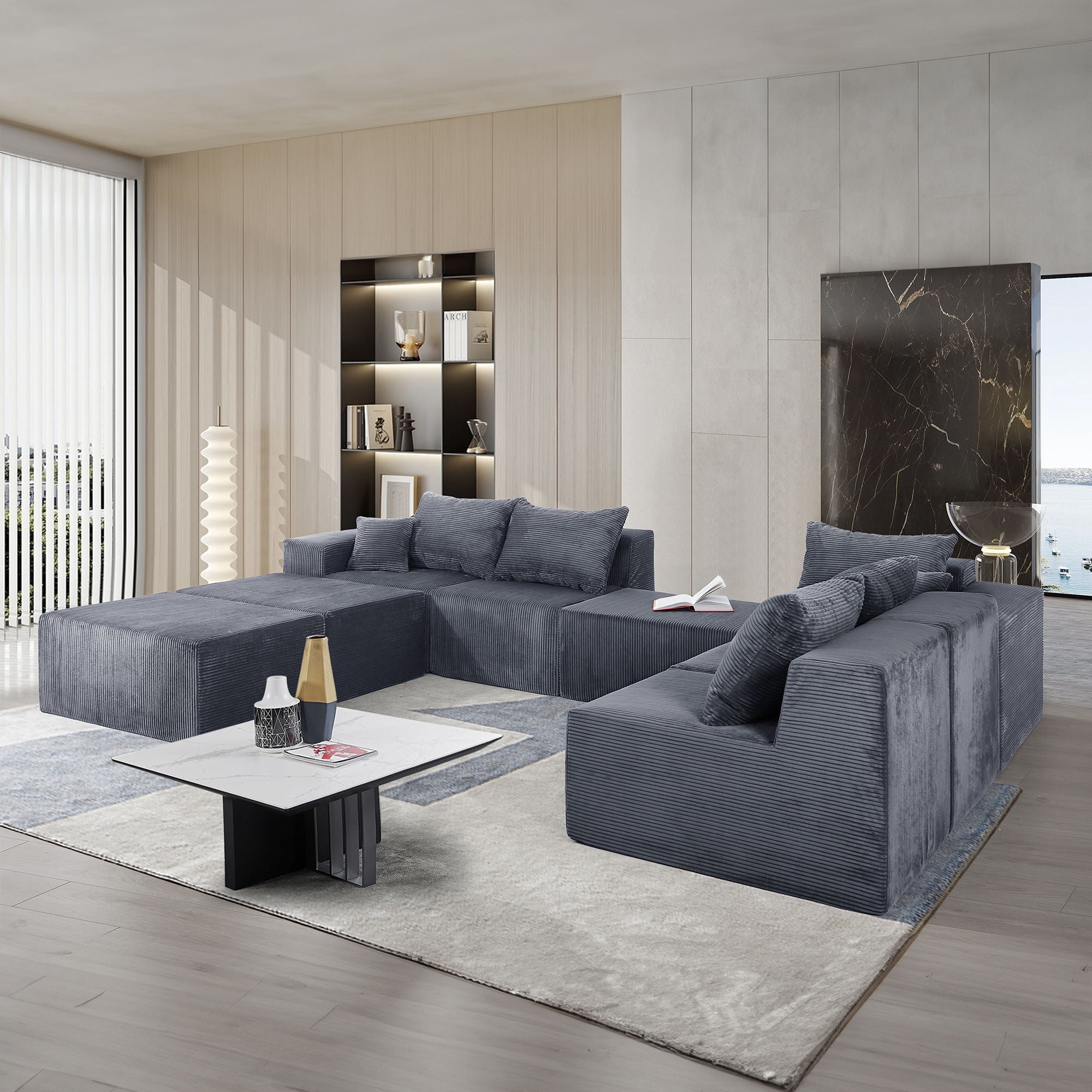 Luxury 8 Piece Modular U Shaped Sectional Sofa With Oversized Chaise Lounge And Bed Corduroy Upholstery