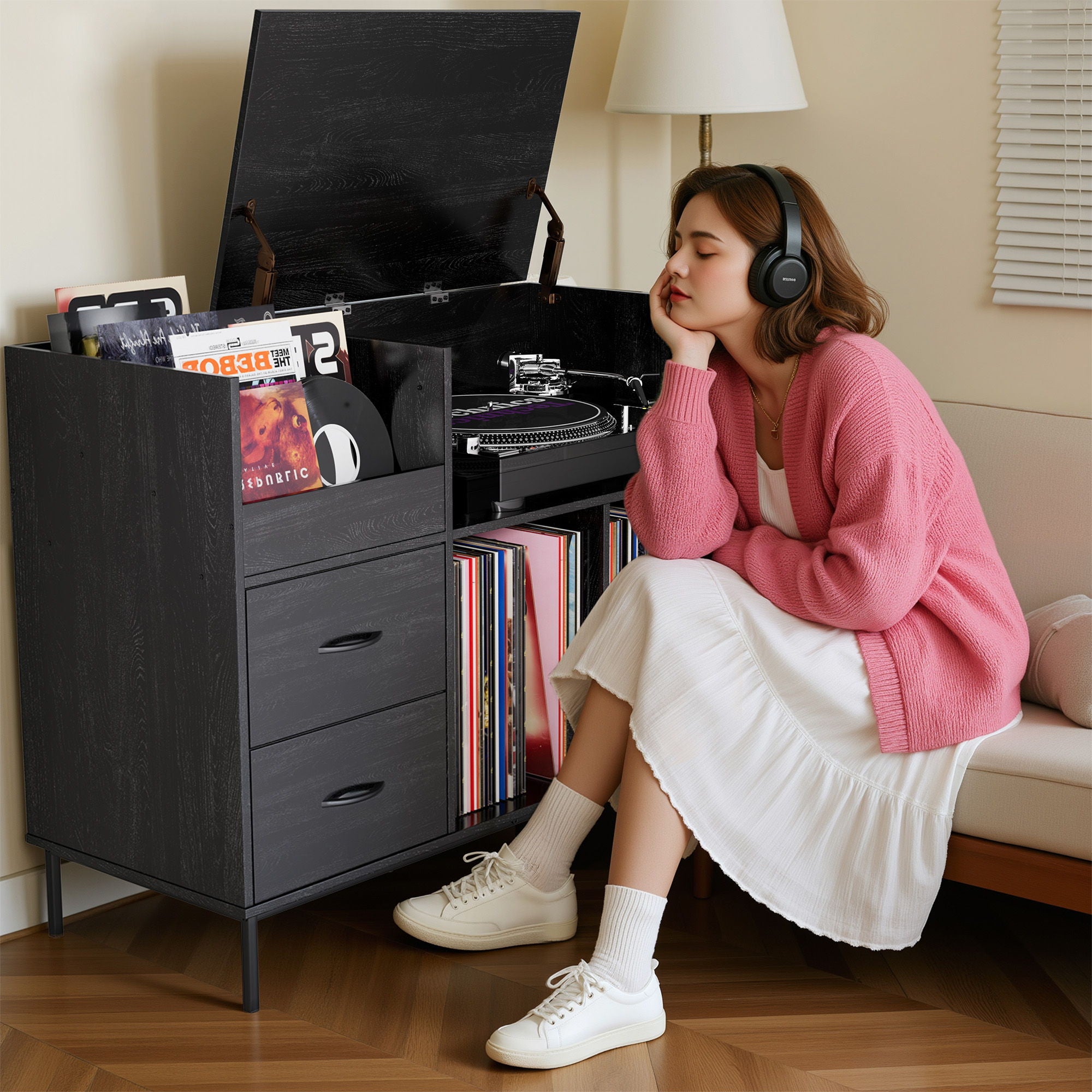 Eco-Friendly Vinyl Record Player Stand With Flip-Top Storage, Media Console With Dual Outlets And Dustproof Drawers