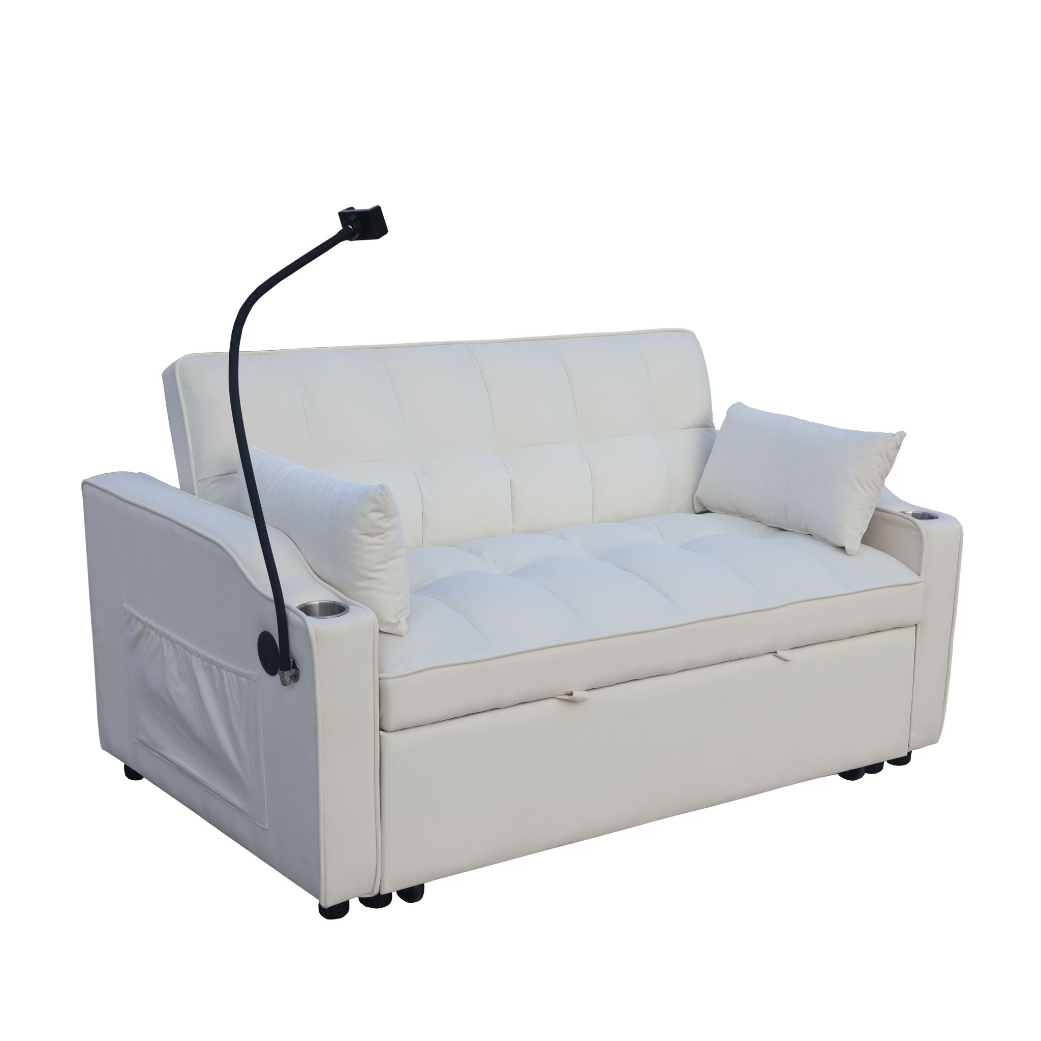 Modern Velvet Loveseat With Pullout Bed, Adjustable Reclining Backrest