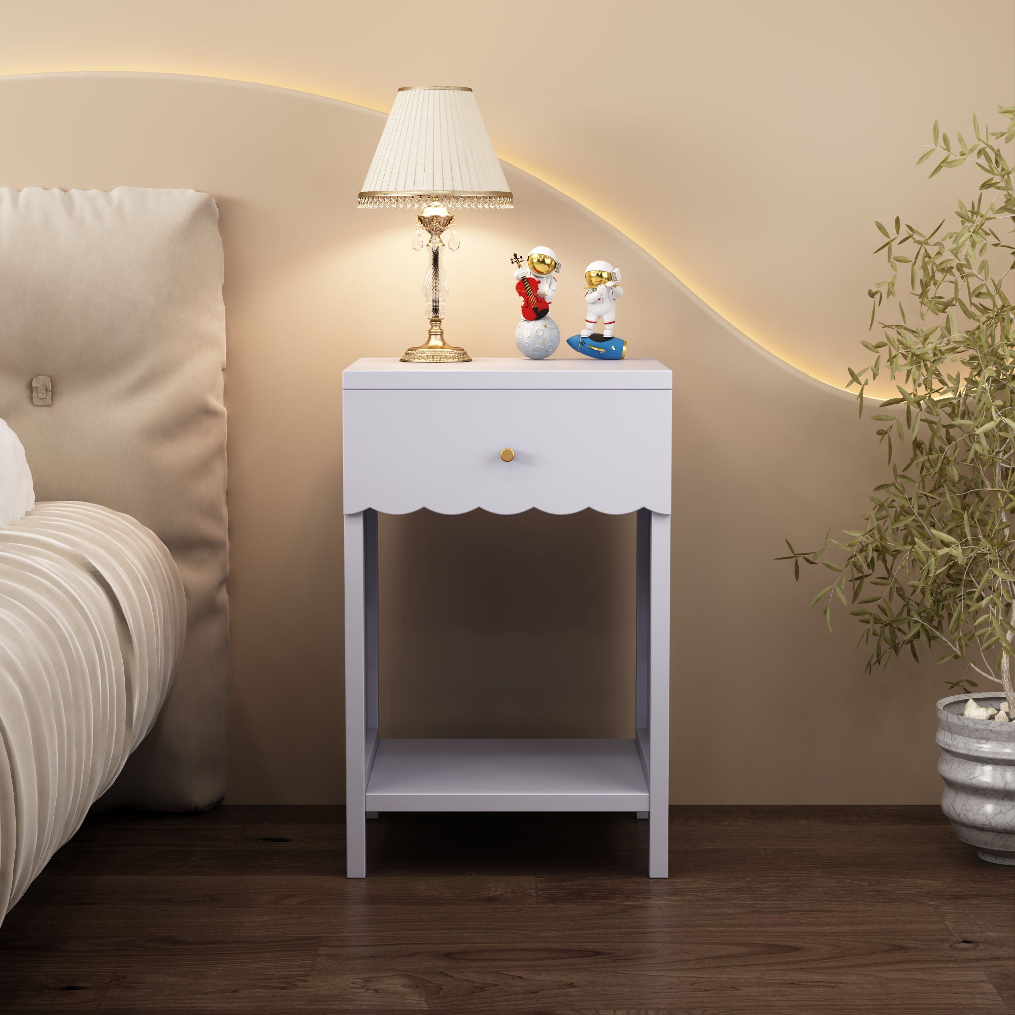 Nightstand With Drawer And Open Shelf, Scalloped Edge Bedside Table