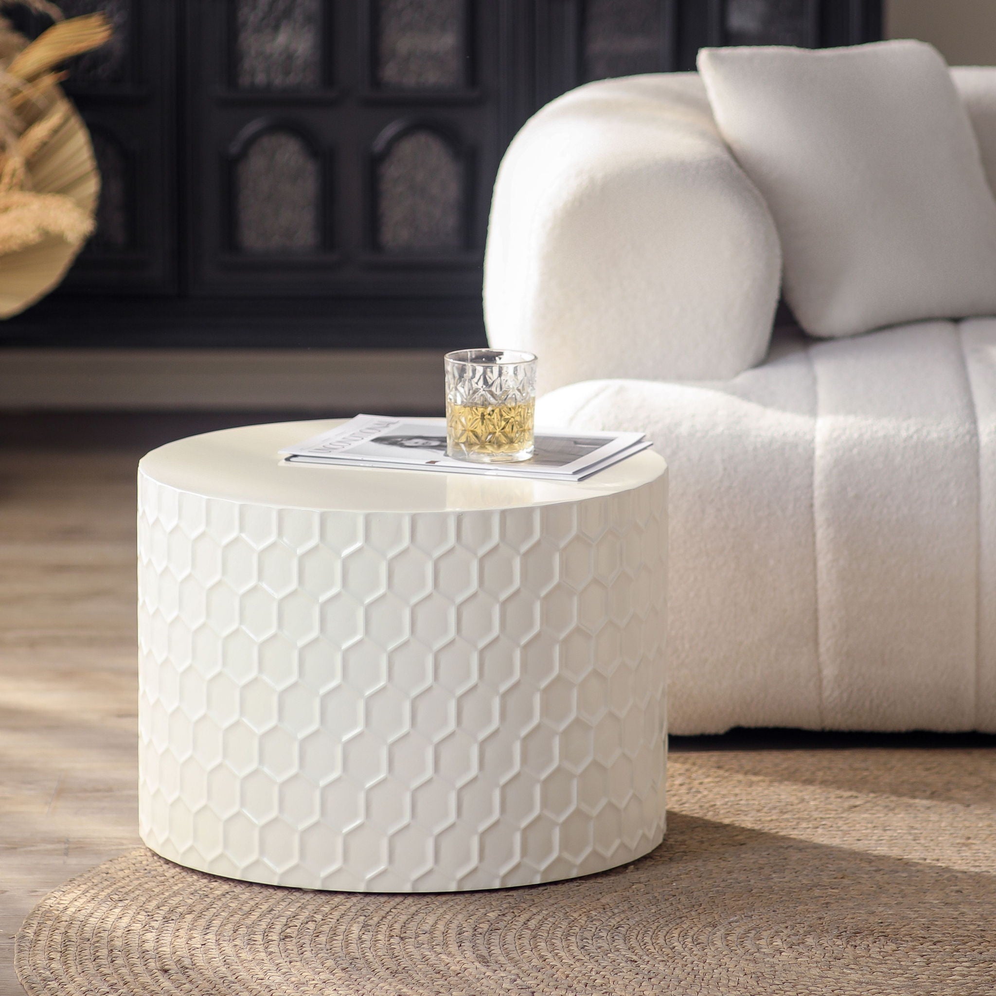 Minimalist Honeycomb Nesting Coffee Table Set, Round Drum Circle Table (Set of 2) - Beige