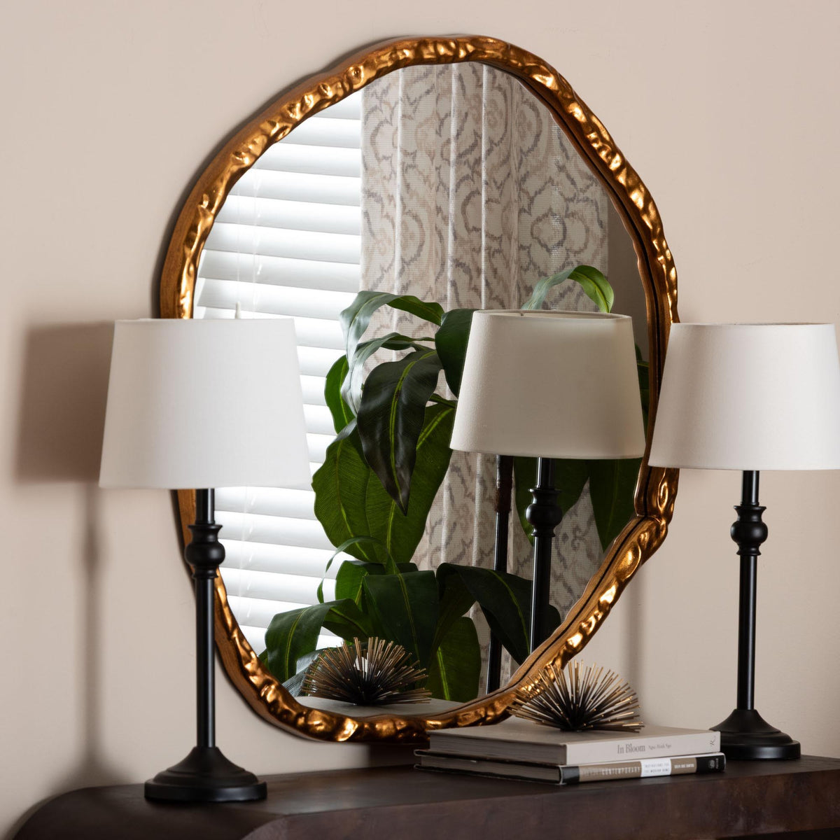 Urania Wall Mirror - Irregular Shape Accent Mirror with Antique Goldleaf Frame, Modern Glam Accent for Living Room, Entryway, or Bedroom Decor