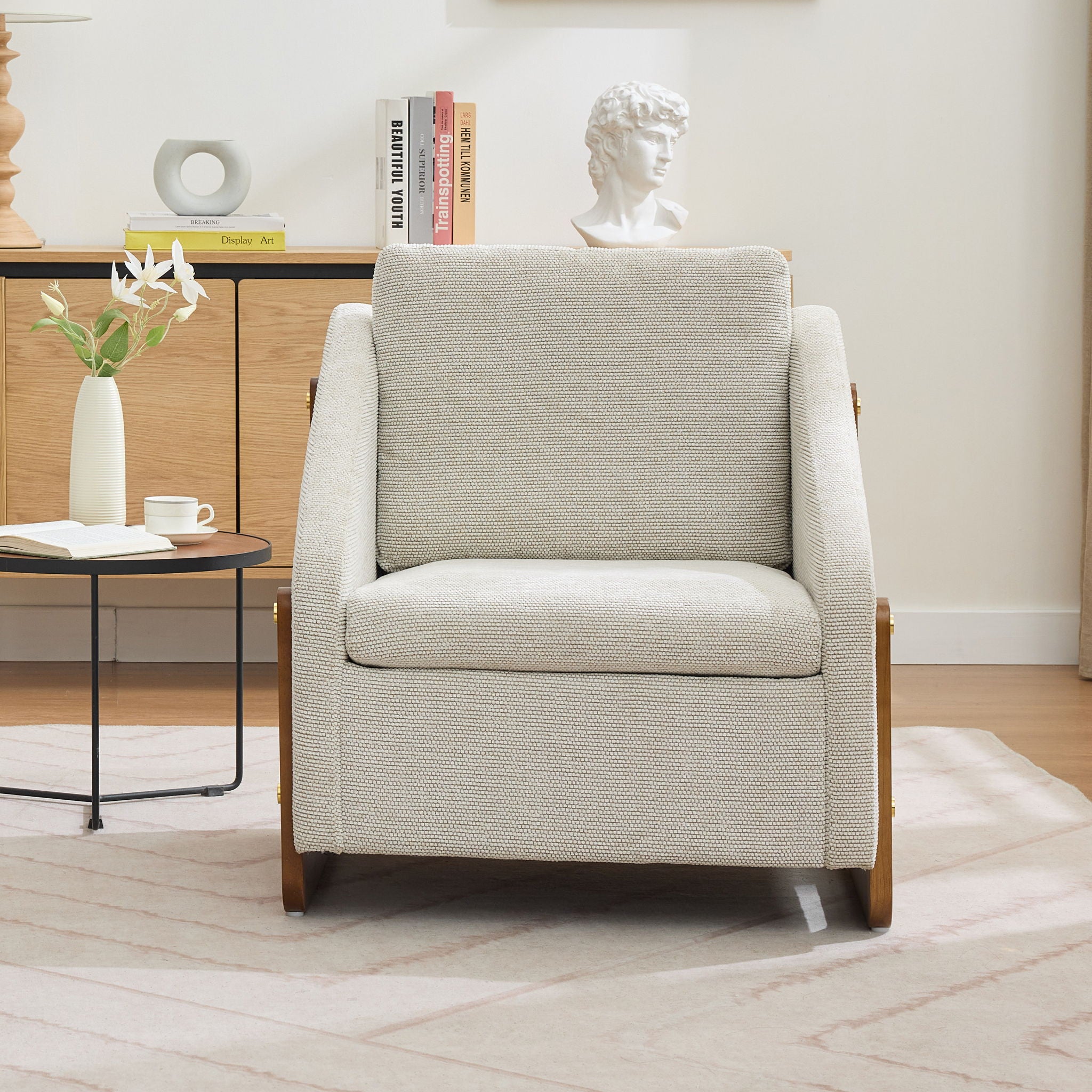 Modern Chenille Upholstered Armchair With Wooden Side Frame