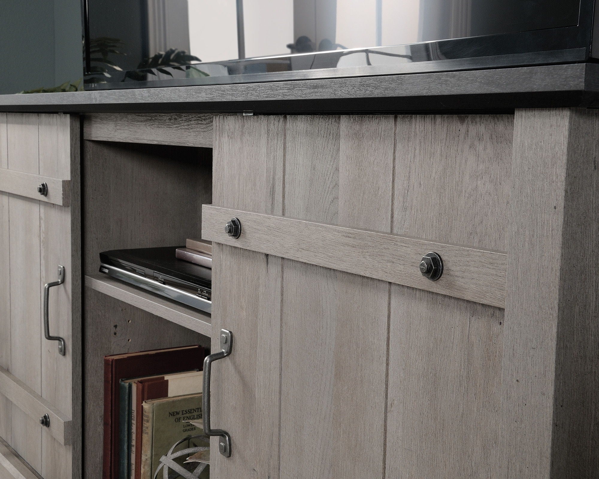 Mystic Oak TV Credenza with Black Accent Top