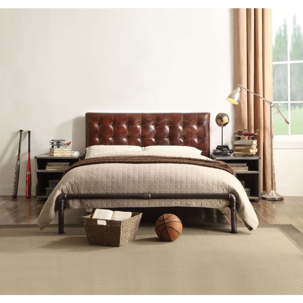 ACME Brancaster - Queen Bed - Vintage Brown Top Grain Leather | Meri Furniture