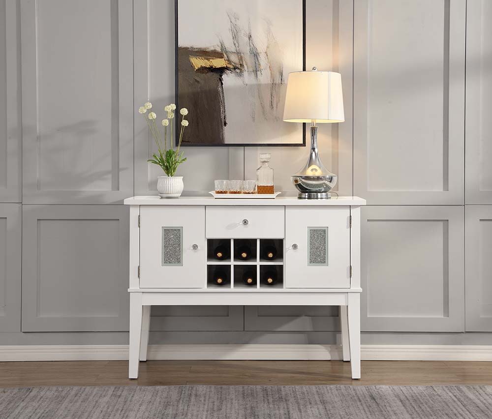 ACME Elizaveta - Server - Gray Velvet, Faux Crystal Diamonds &White High Gloss Finish | Meri Furniture