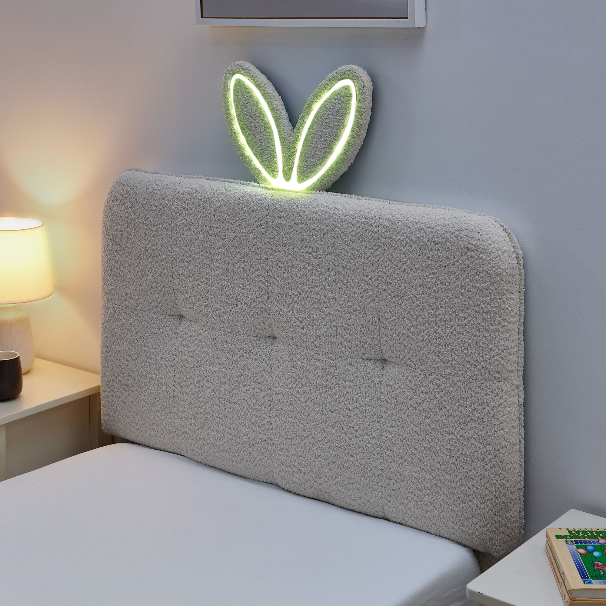 Upholstered Bed With Oversized Rabbit Ear Headboard, LED Lights & 4 Storage Drawers