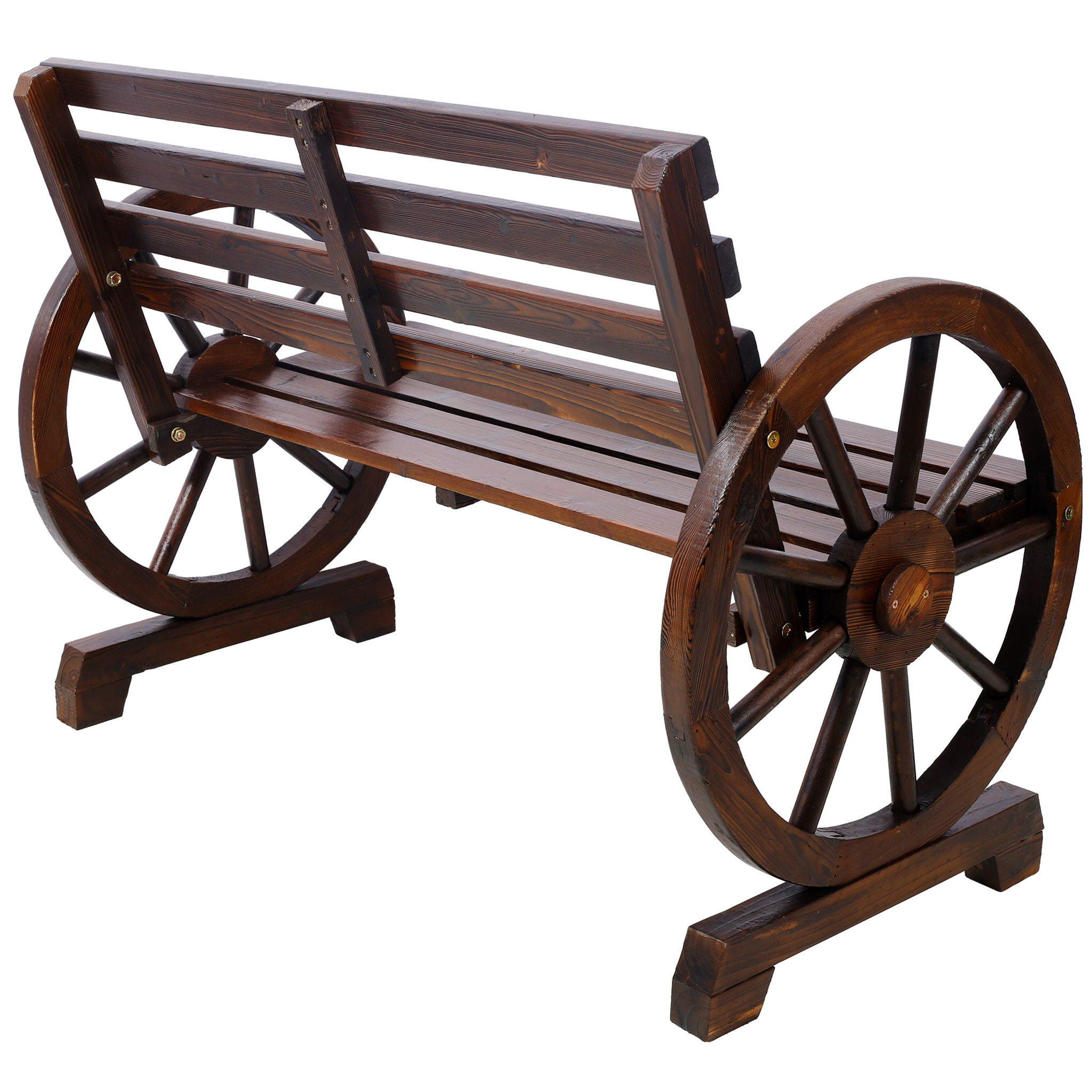 Rustic Country 2 Person Wooden Wagon Wheel Bench With Slatted Seat And Backrest - Brown