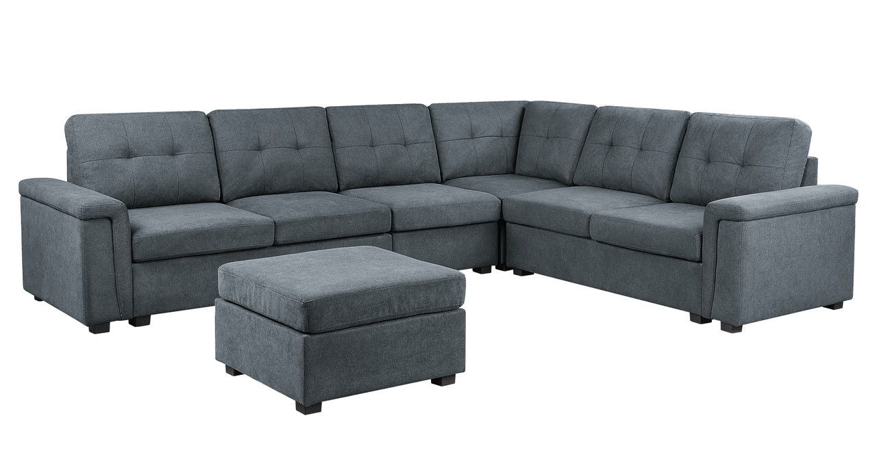 Isla 119"W Gray Woven Fabric 7-Seater Sectional Sofa with Ottoman