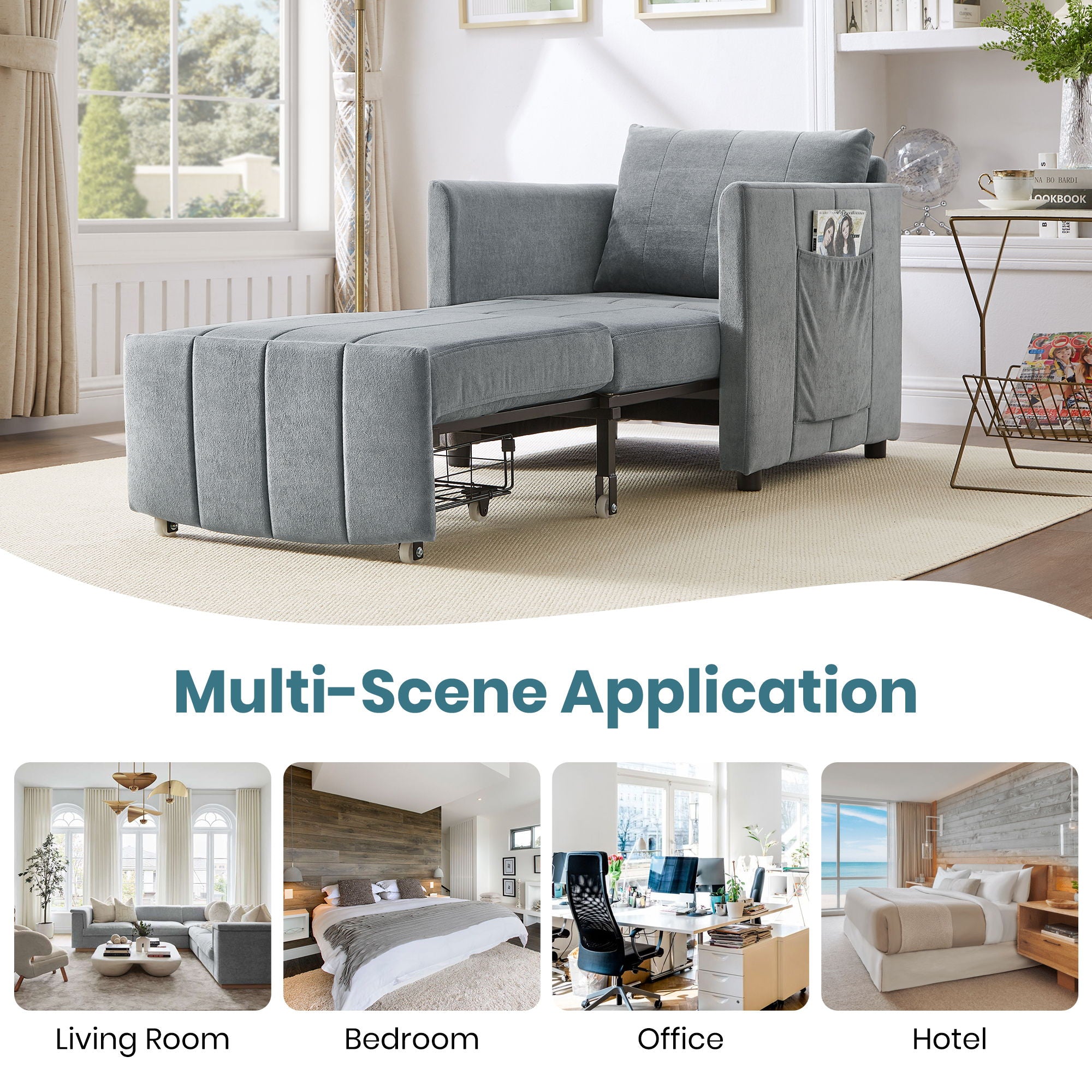 Upholstered Convertible Sleeper Sofa With 5 Position Backrest, Side Pockets, Storage