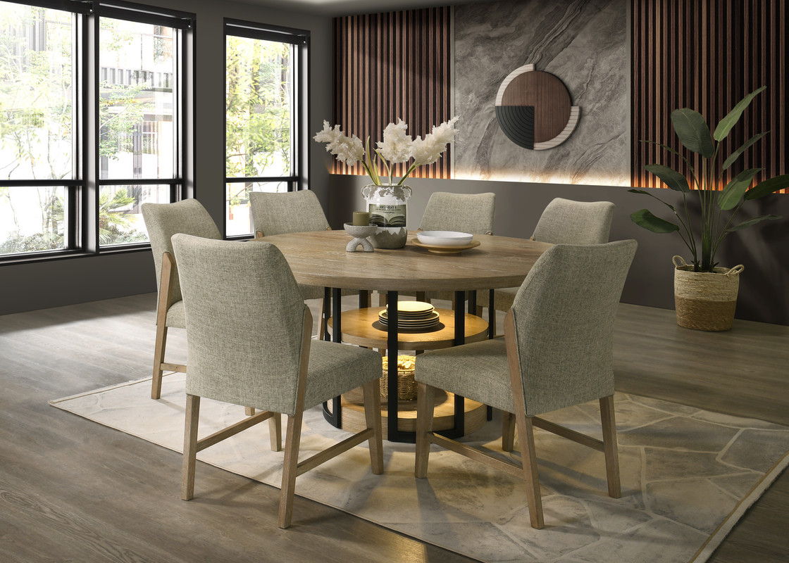 Eden 7Pc 59" Round Rustic Oak Dining Set with LED Light, Black Metal Table Frame, Shelves, Beige Linen Chairs