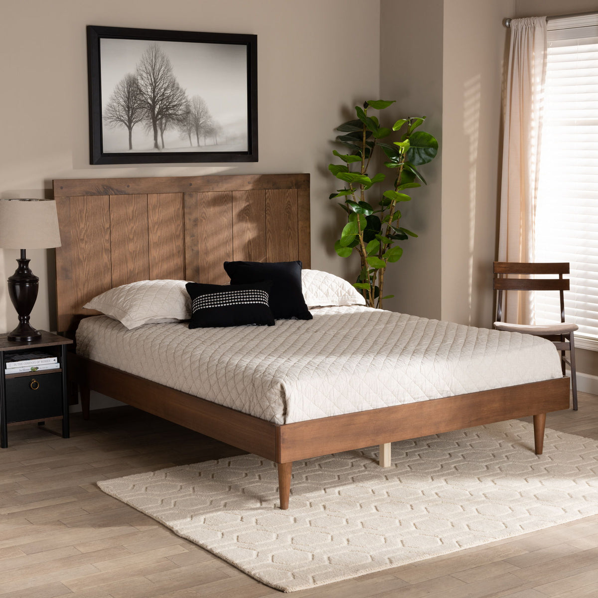 Nicola Mid-Century Modern Transitional Ash Walnut Finished Wood Queen Size Platform Bed