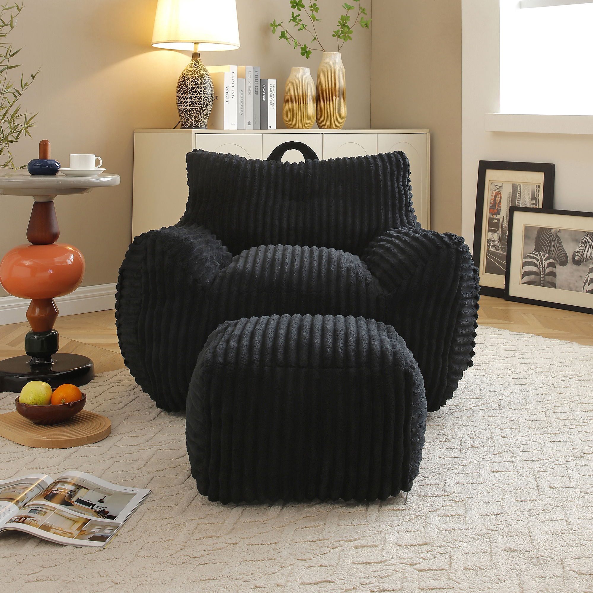 Giant Plush Bean Bag Chair With Armrests And Footstool