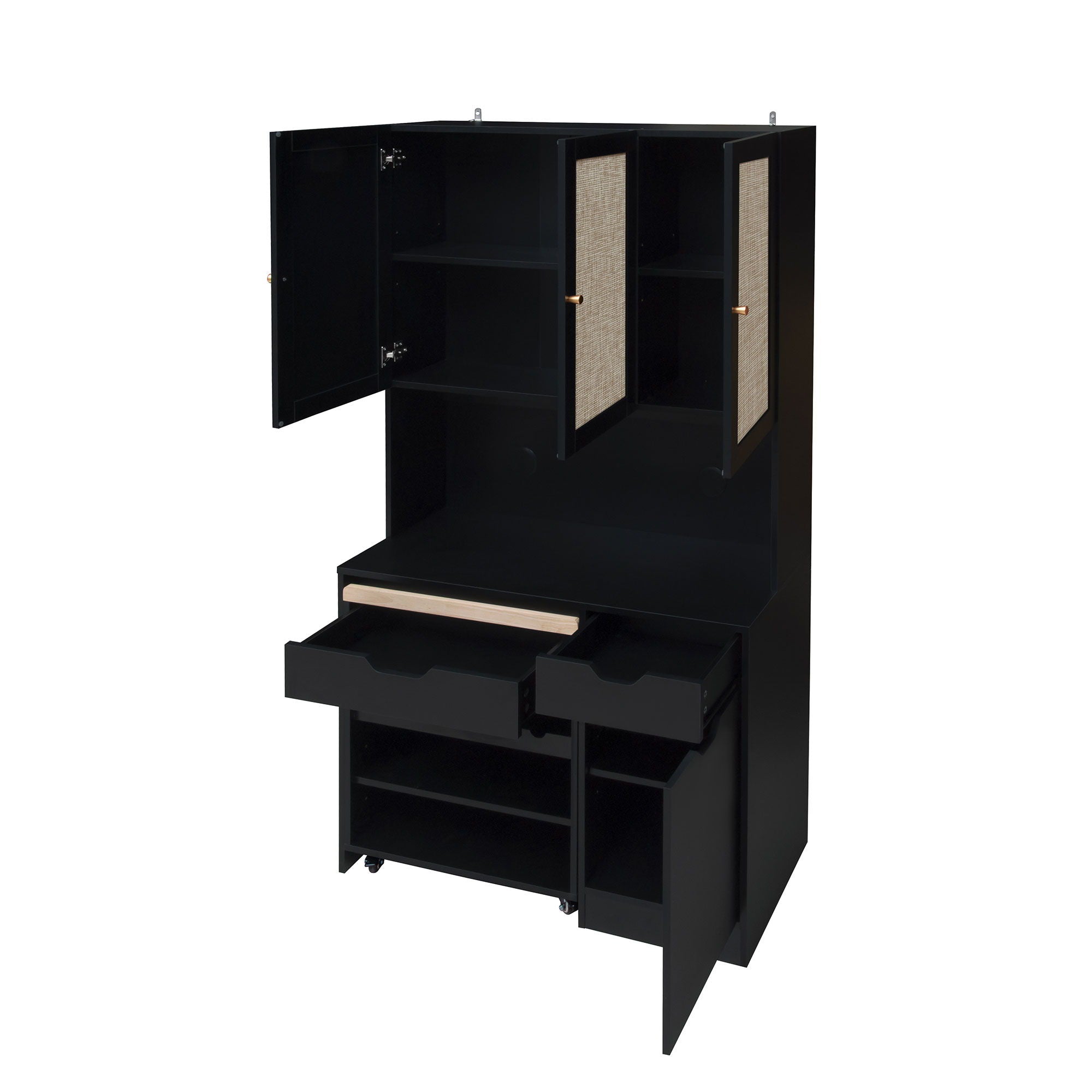 Kitchen Pantry Storage Cabinet, Modern Buffet Cabinet With Kitchen Cart, Tall Kitchen Hutch Cabinet With Microwave Stand, Food Pantry Cabinet With 3 Rattan Doors And Adjustable Shelves - Black