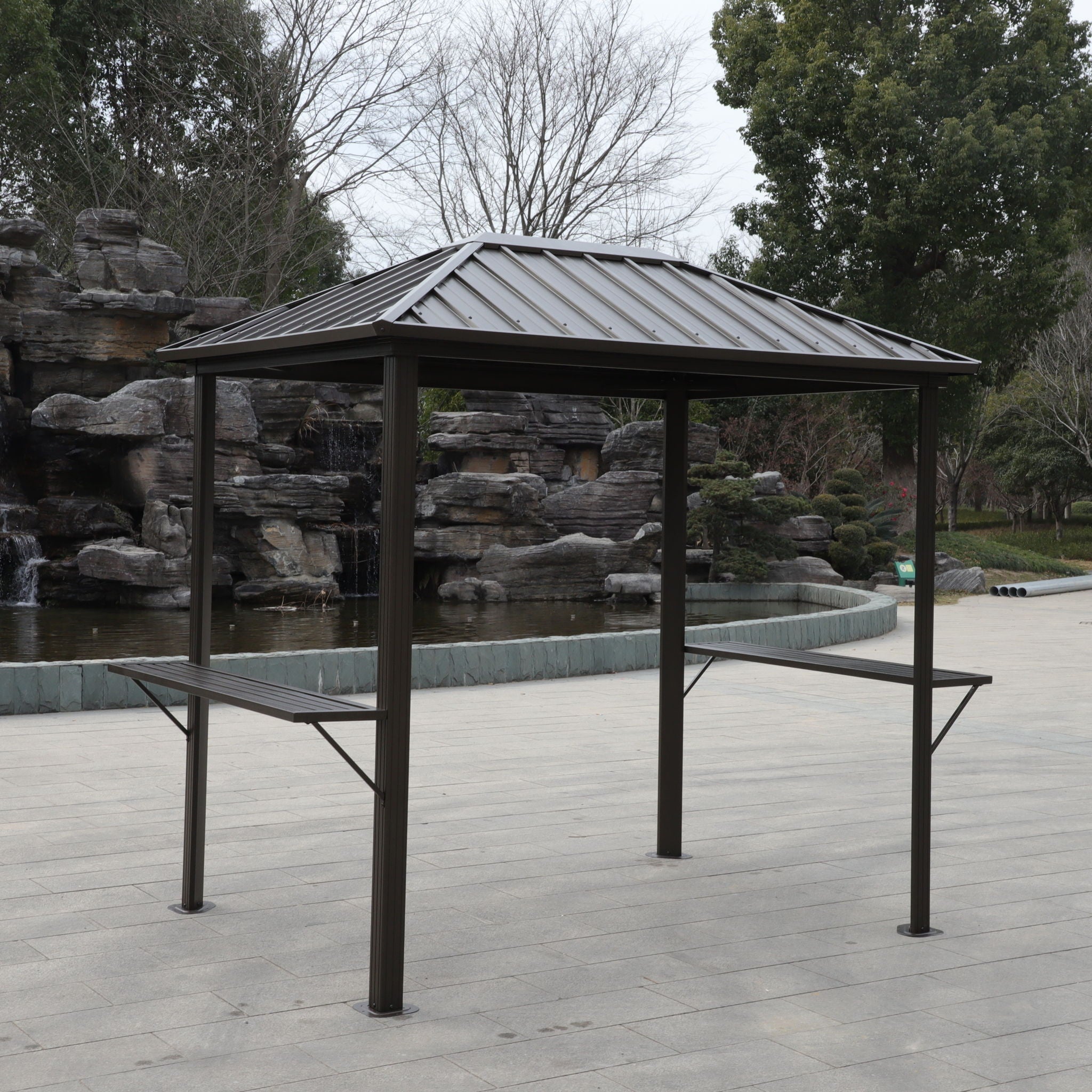 Grill Hardtop Gazebo Outdoor Metal Hard Top Gazebo, Permanent Bbq Gazebo With Galvanized Steel, Aluminum Framed Pavilion With Shelves - Dark Brown