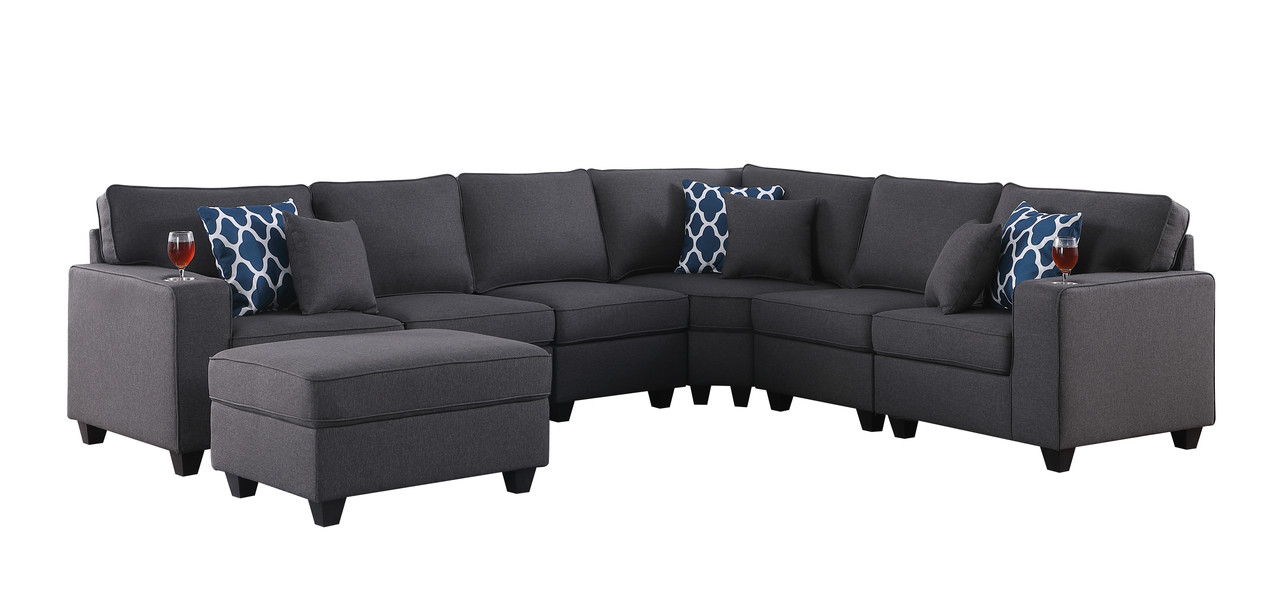 Cooper 125"W Dark Gray Linen 7Pc Reversible L-Shape Sectional Sofa with Ottoman and Cupholder