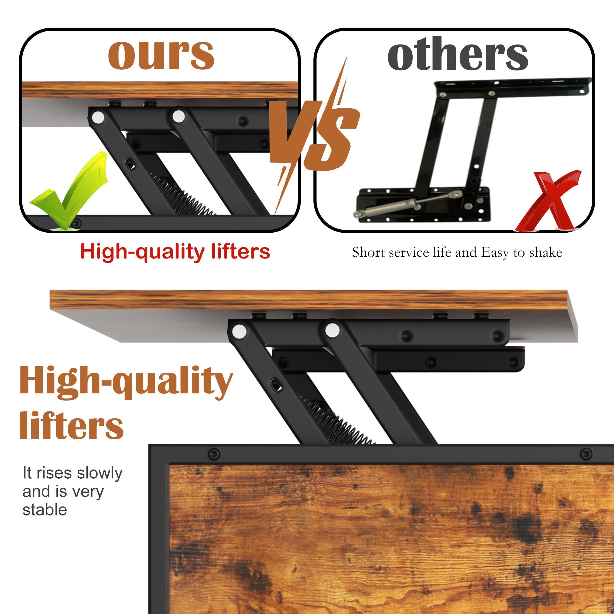 Lift Top Coffee Table With Storage, Adjustable Height Living Room - Black / Brown