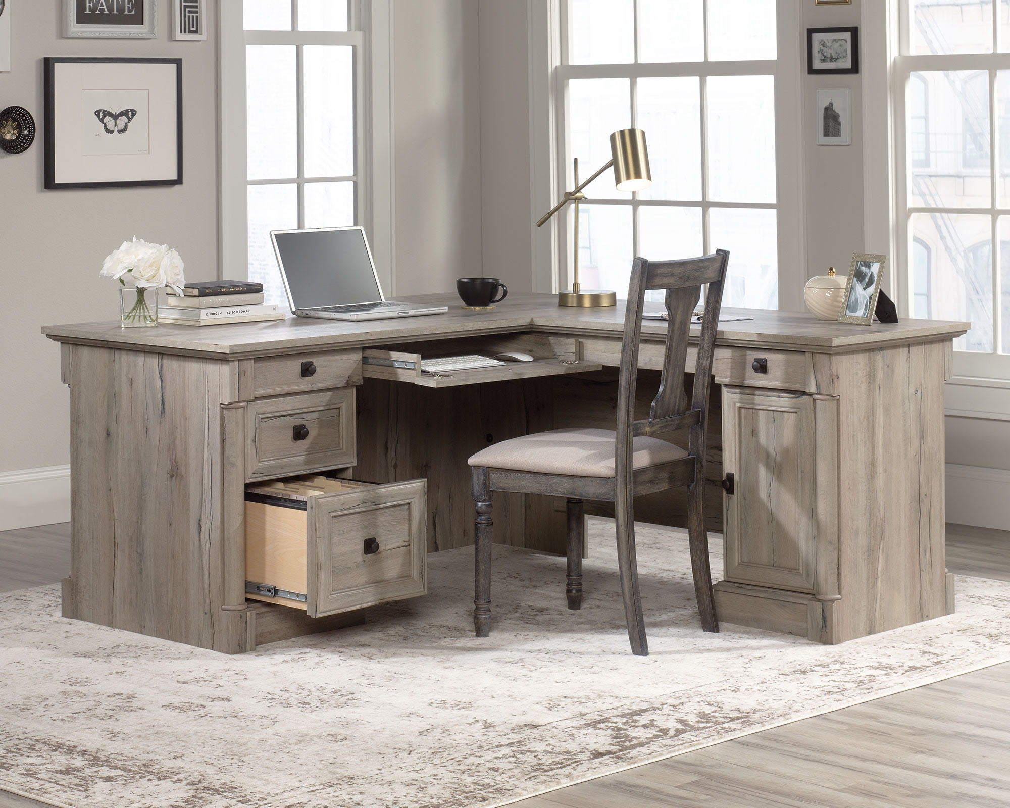 Traditional Style L-Shaped Desk in Split Oak