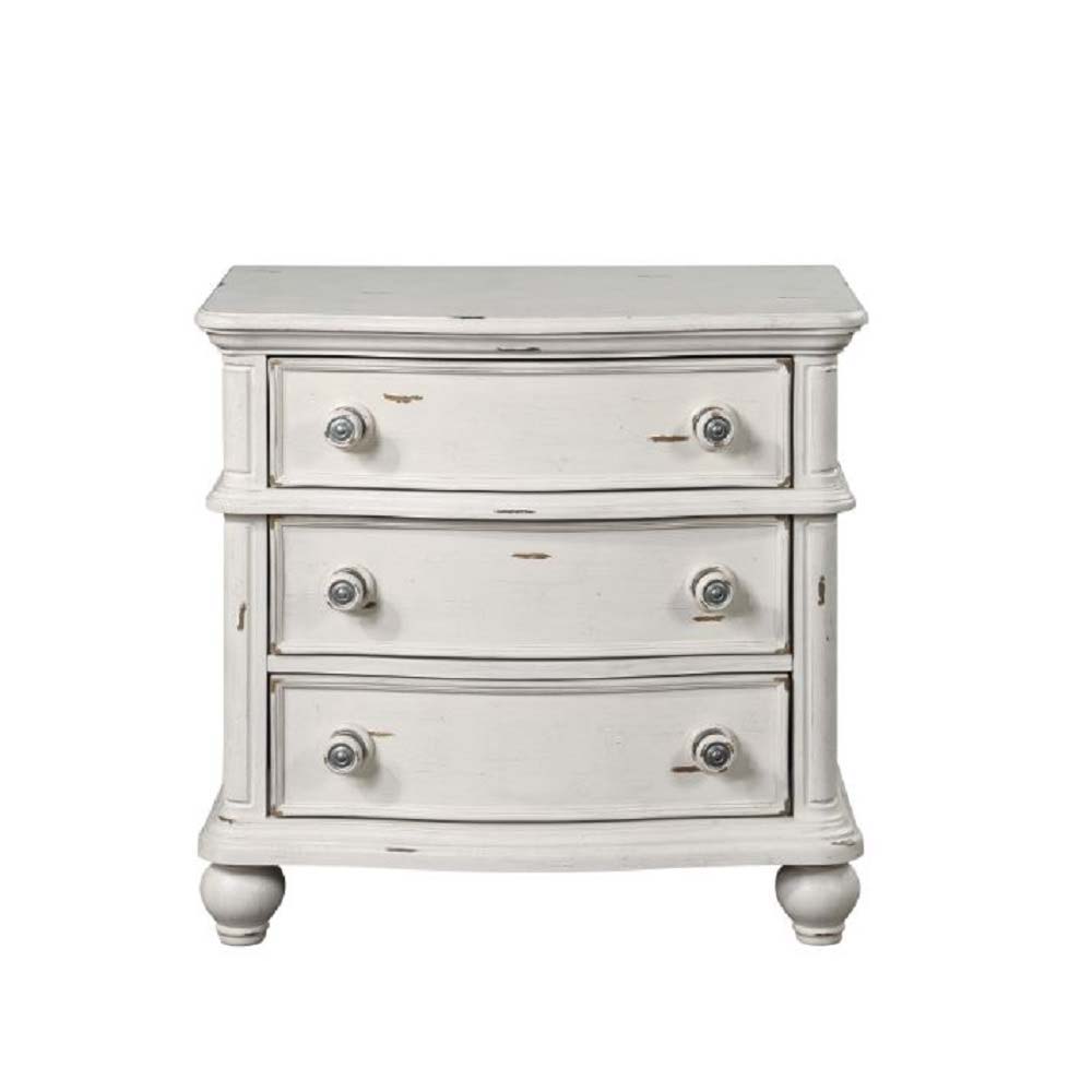 ACME Jaqueline - Nightstand - Light Gray Linen & Antique White Finish | Meri Furniture