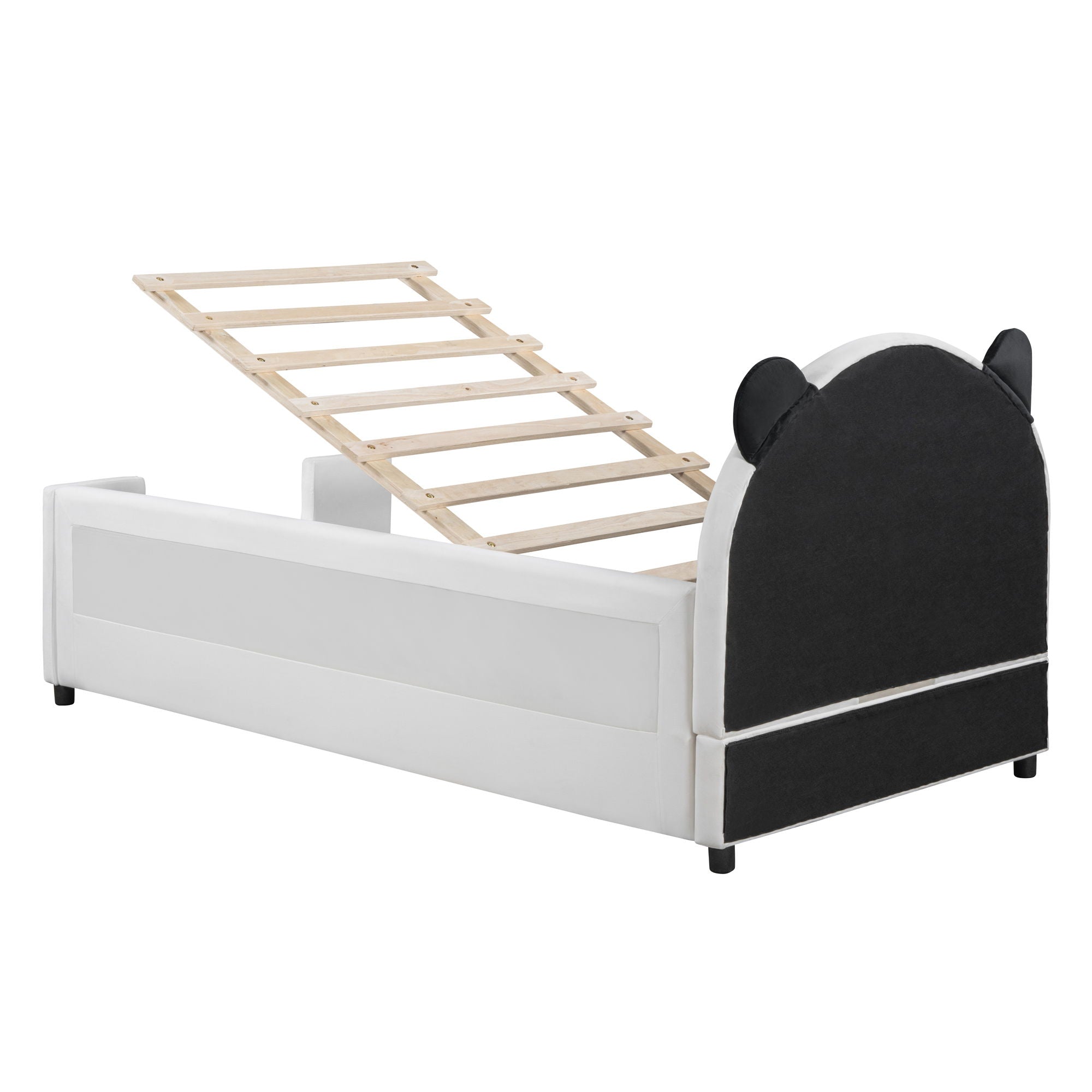 Upholstered Daybed With Bear Shaped Headboard, Hydraulic System And Breathable Mesh Fence
