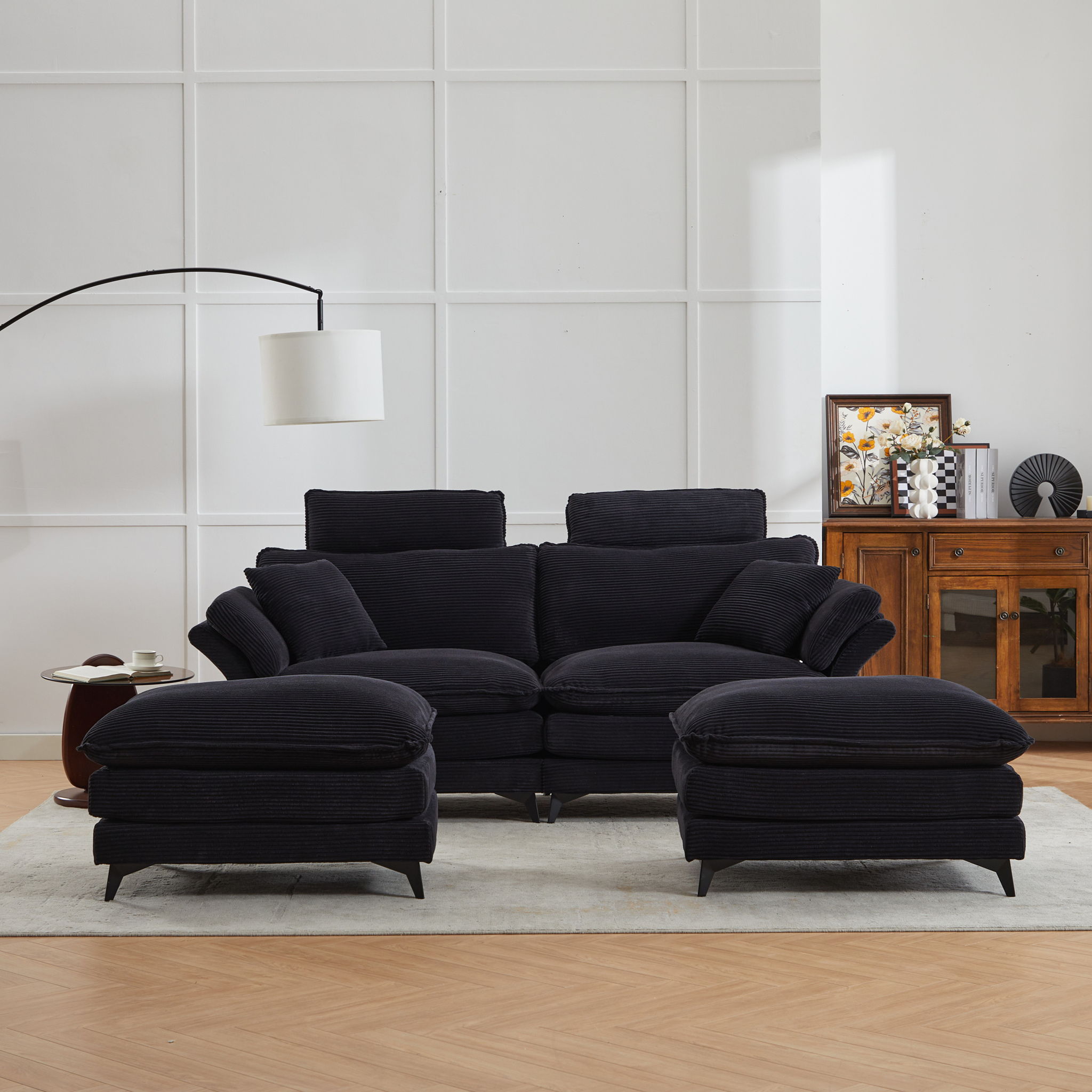 Modern Corduroy Deep Seat Sectional Sofa With Ottoman