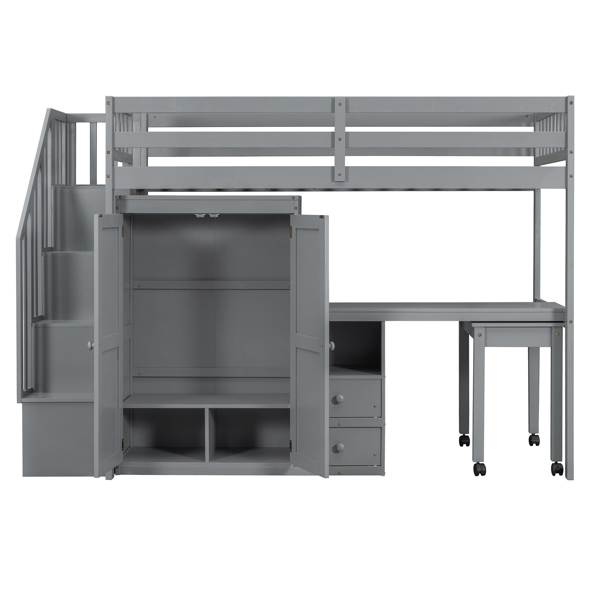 Loft Bed With Stairs, Bookshelf, Drawers, Desk & Wardrobe, Space Saving Multifunctional Furniture