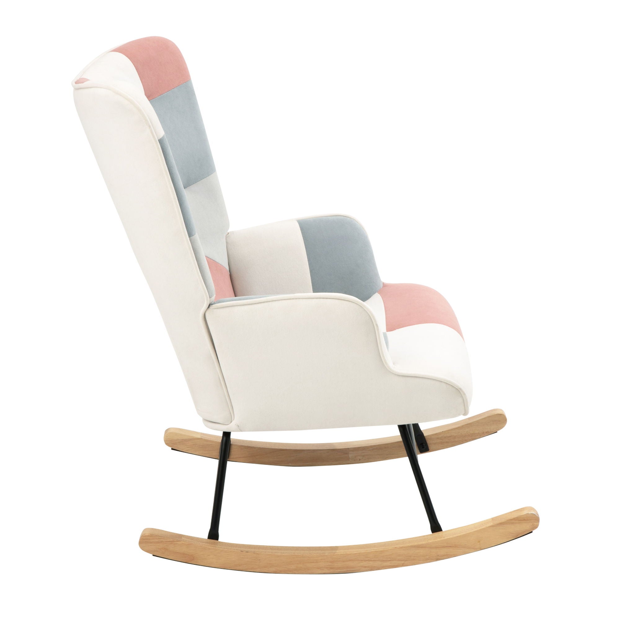 Mid Century Rocking Chair With Ottoman Patchwork Linen Wood Legs Design Living Room And Bedroom - Colorful